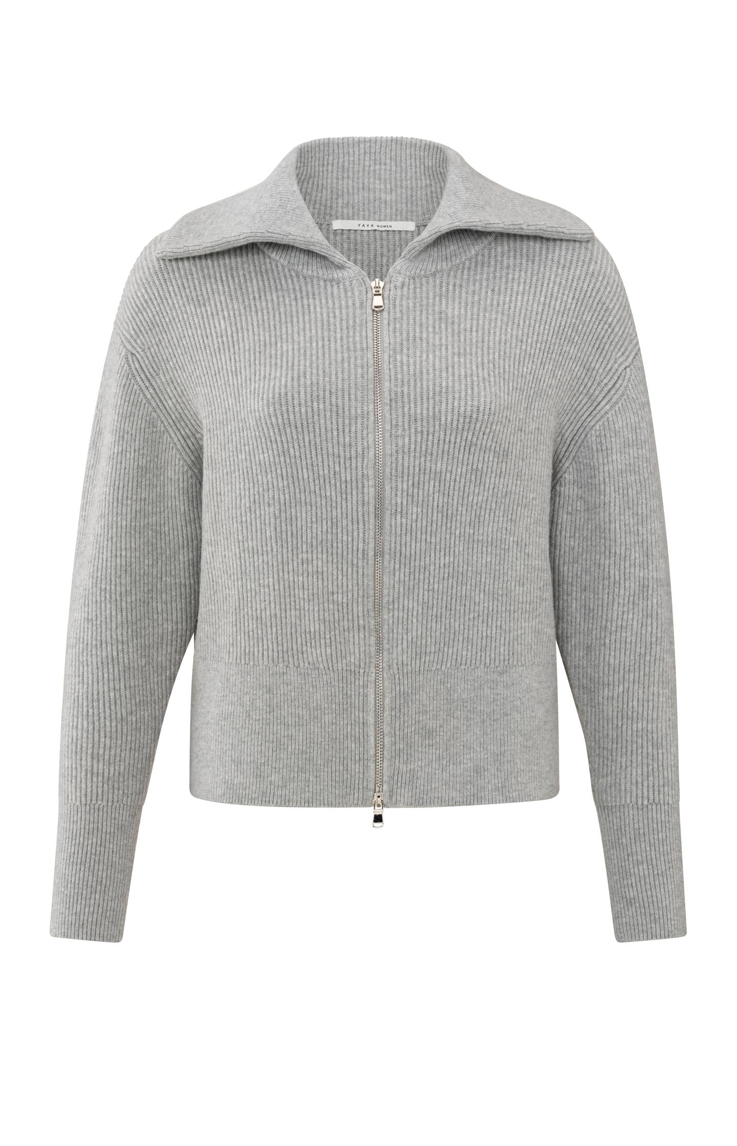 Light grey cardigan with long sleeves, collar and zipper - Type: product