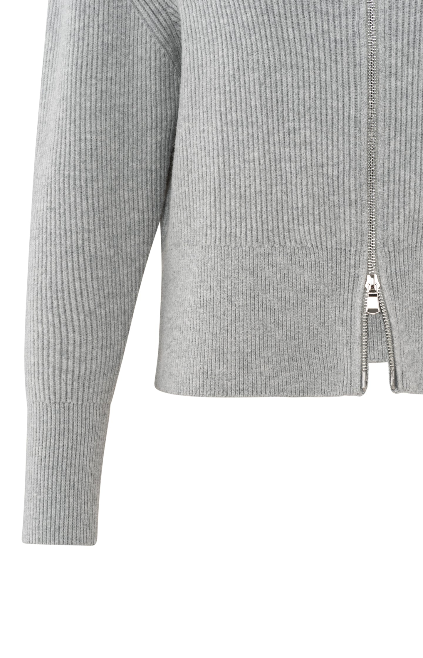 Light grey cardigan with long sleeves, collar and zipper