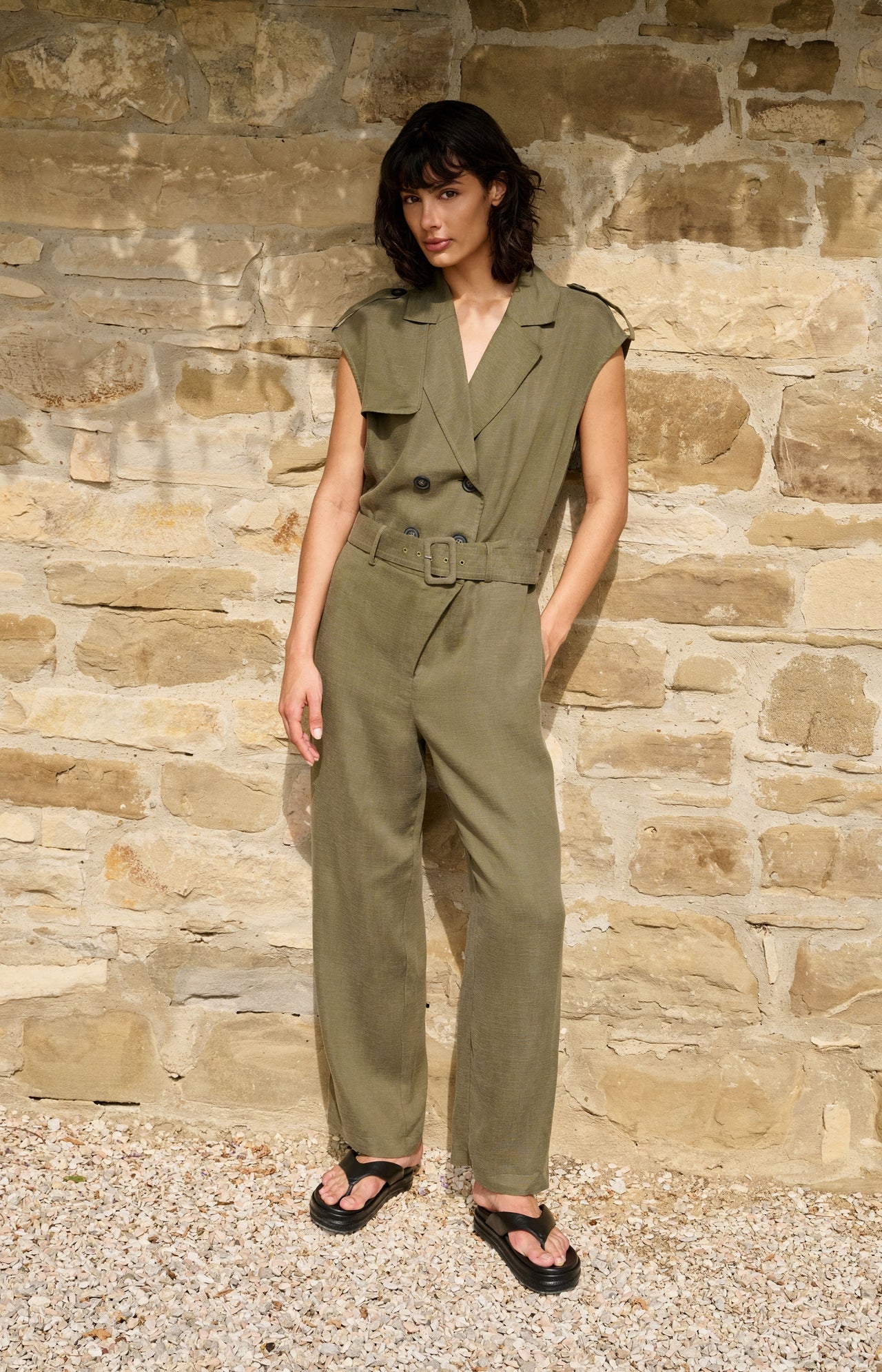 Linen blend jumpsuit with belted waist