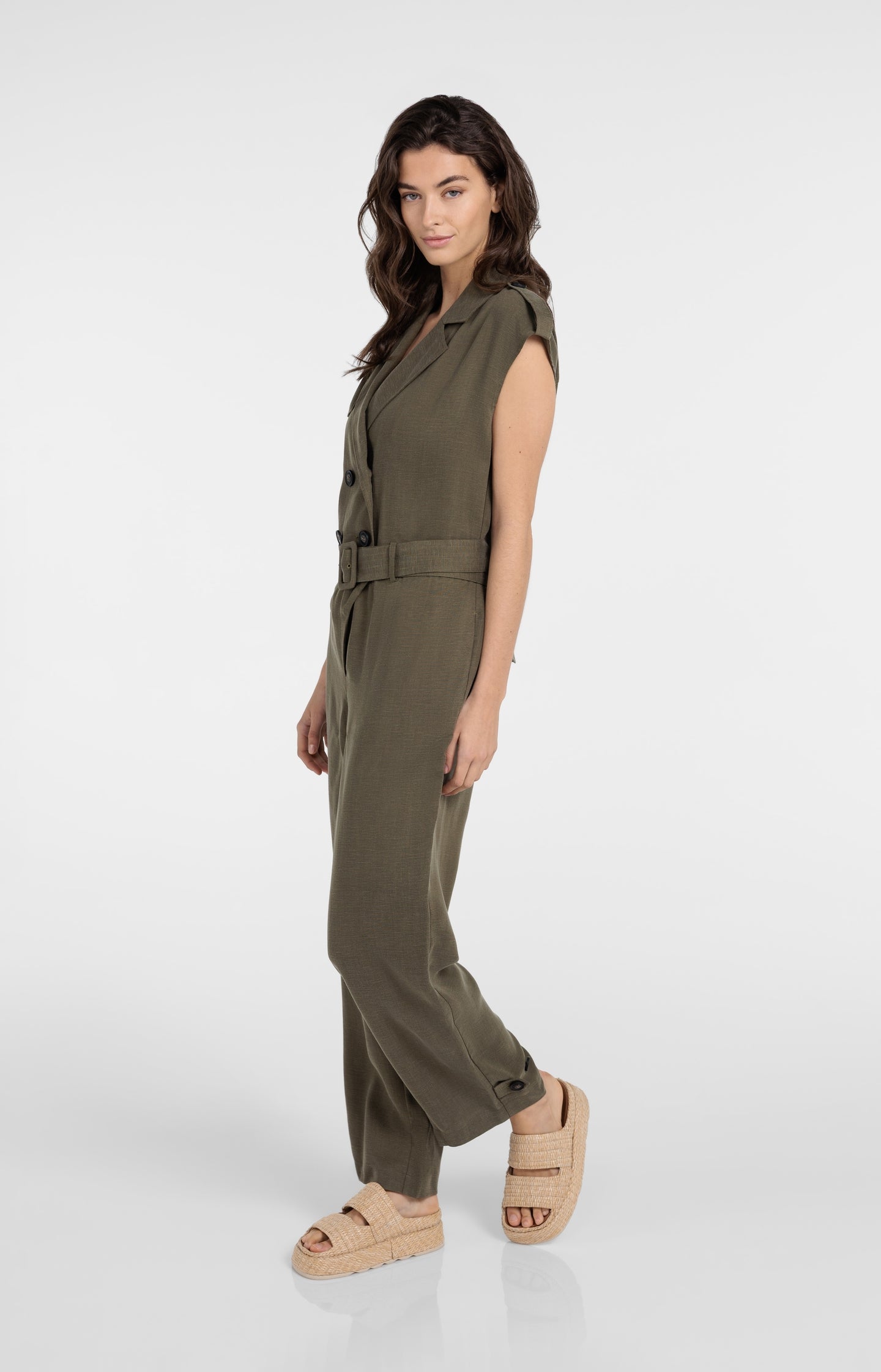 Linen blend jumpsuit with belted waist
