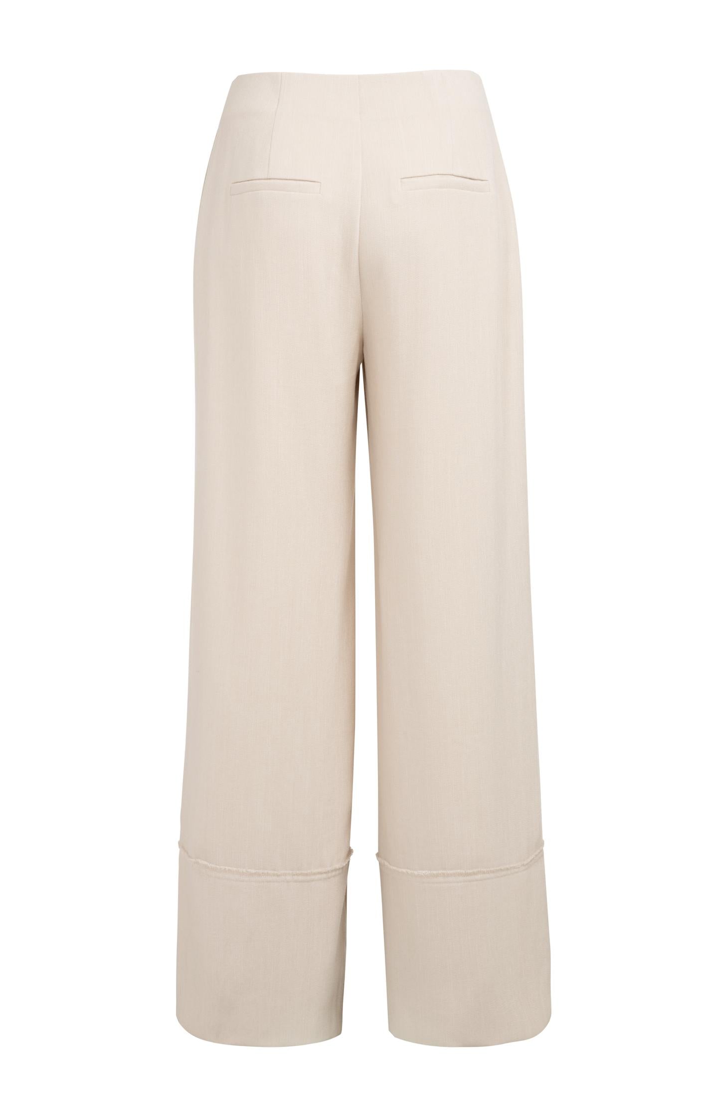 Linen blend trousers with wide legs and fringed details