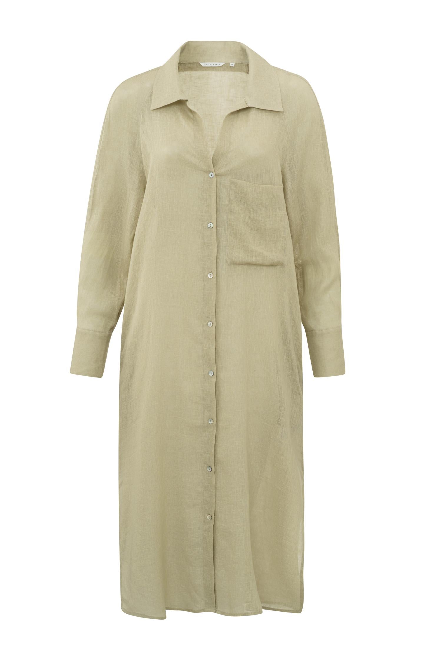 Linen shirt dress with long sleeves, a collar and buttons - Type: product