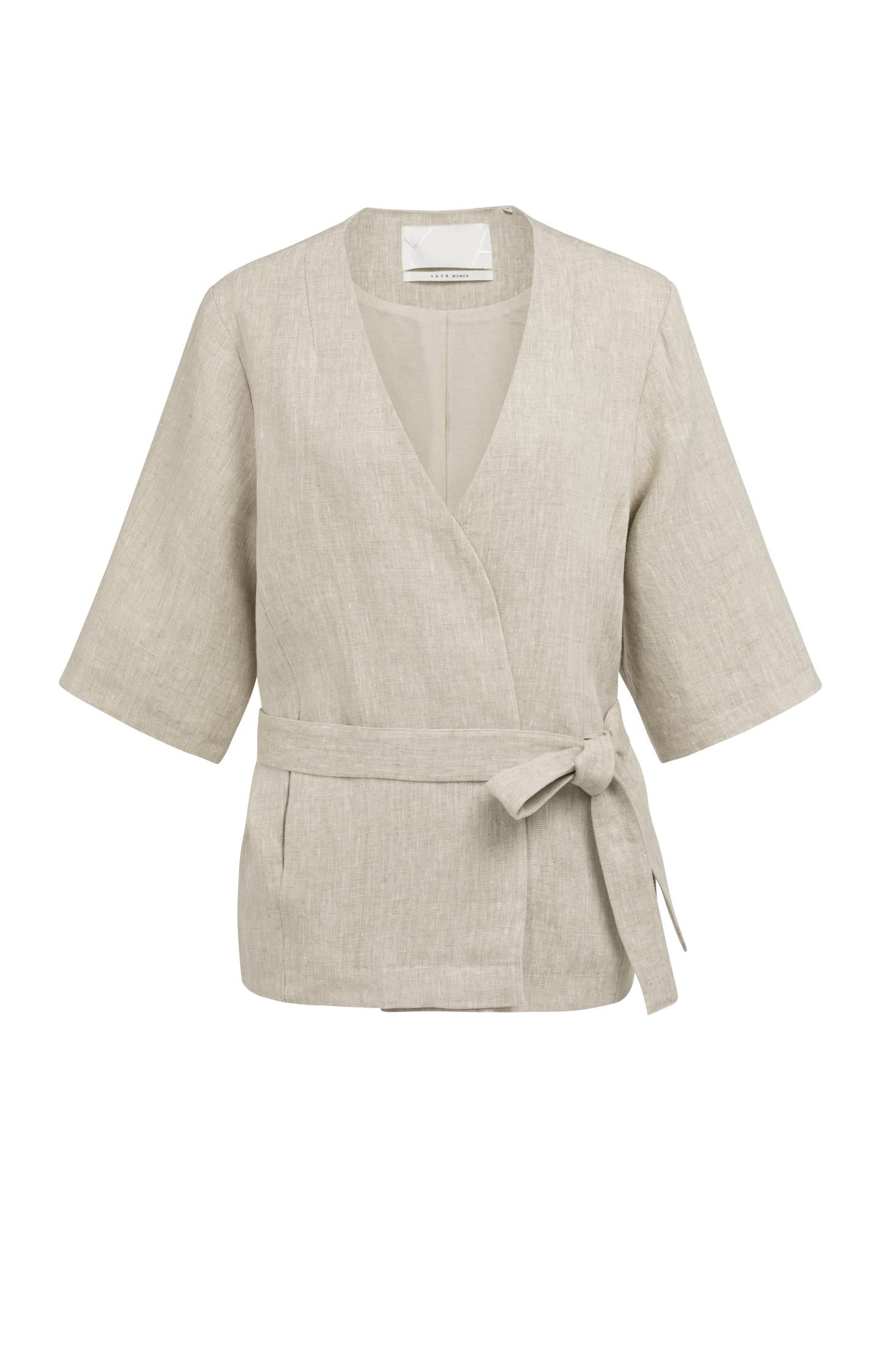 Linen wrap jacket with tie belt