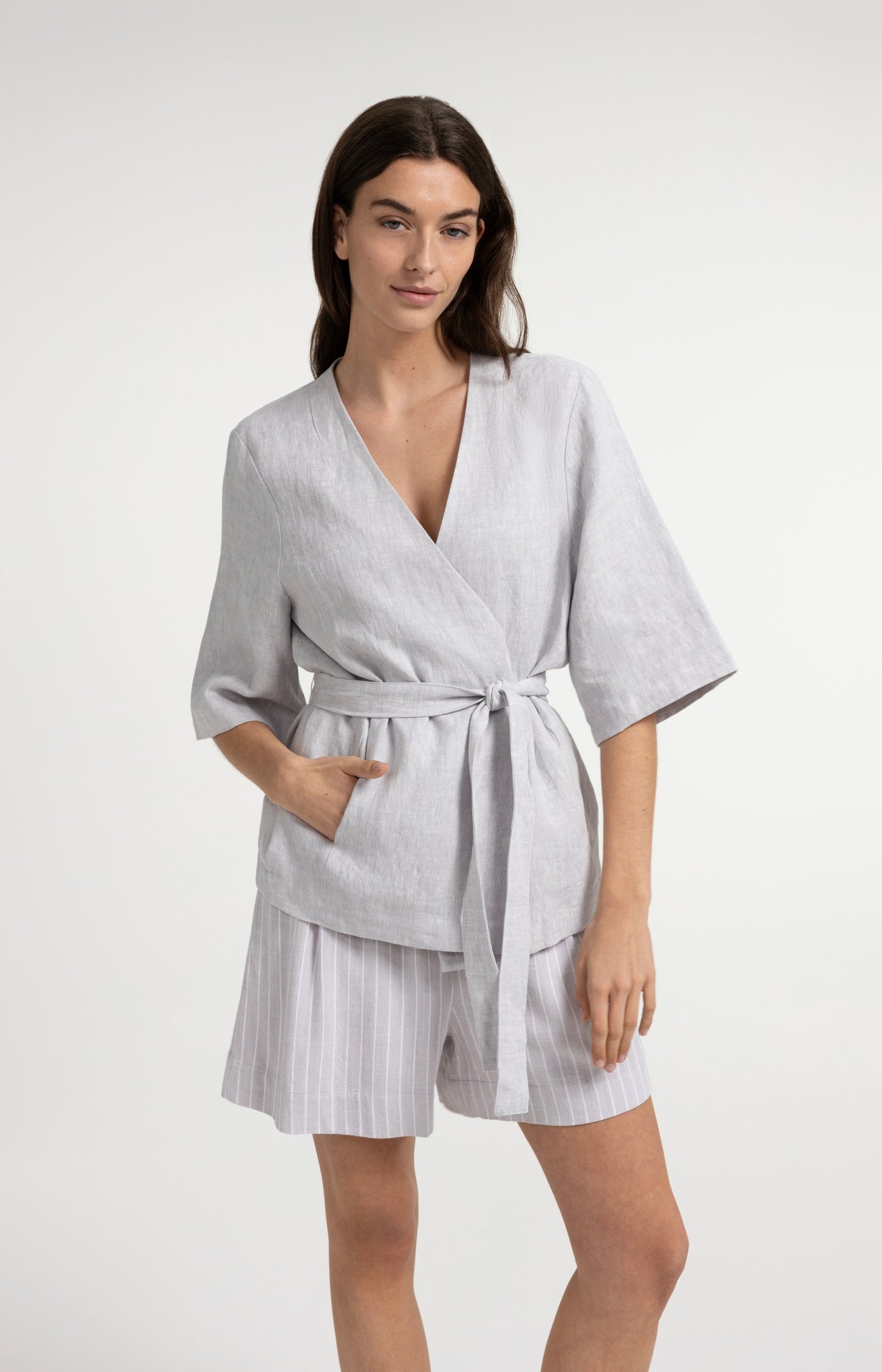 Linen wrap jacket with tie belt