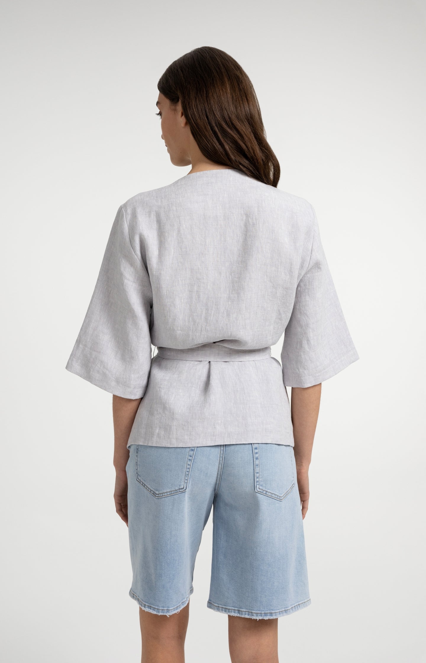Linen wrap jacket with tie belt