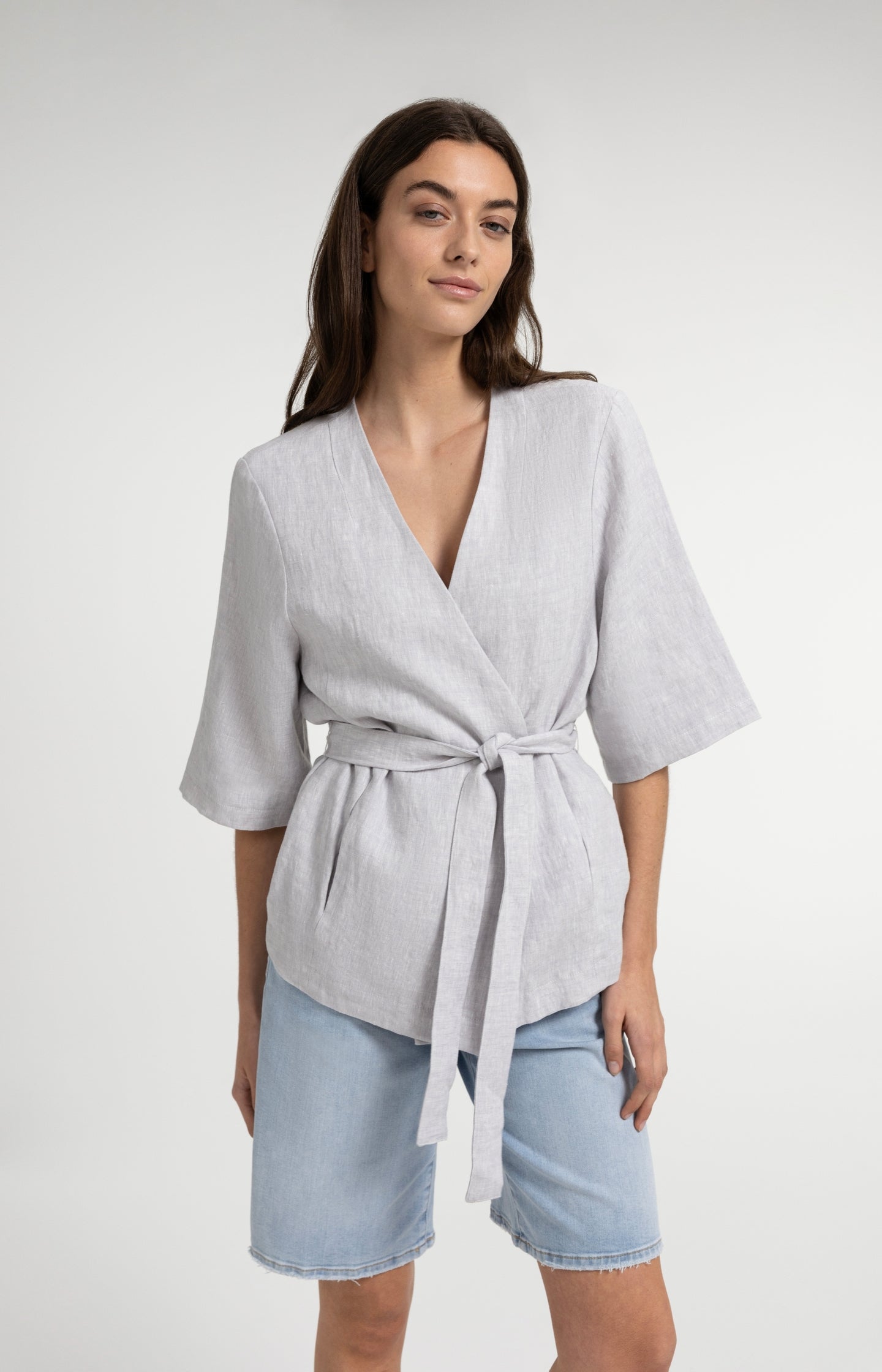 Linen wrap jacket with tie belt