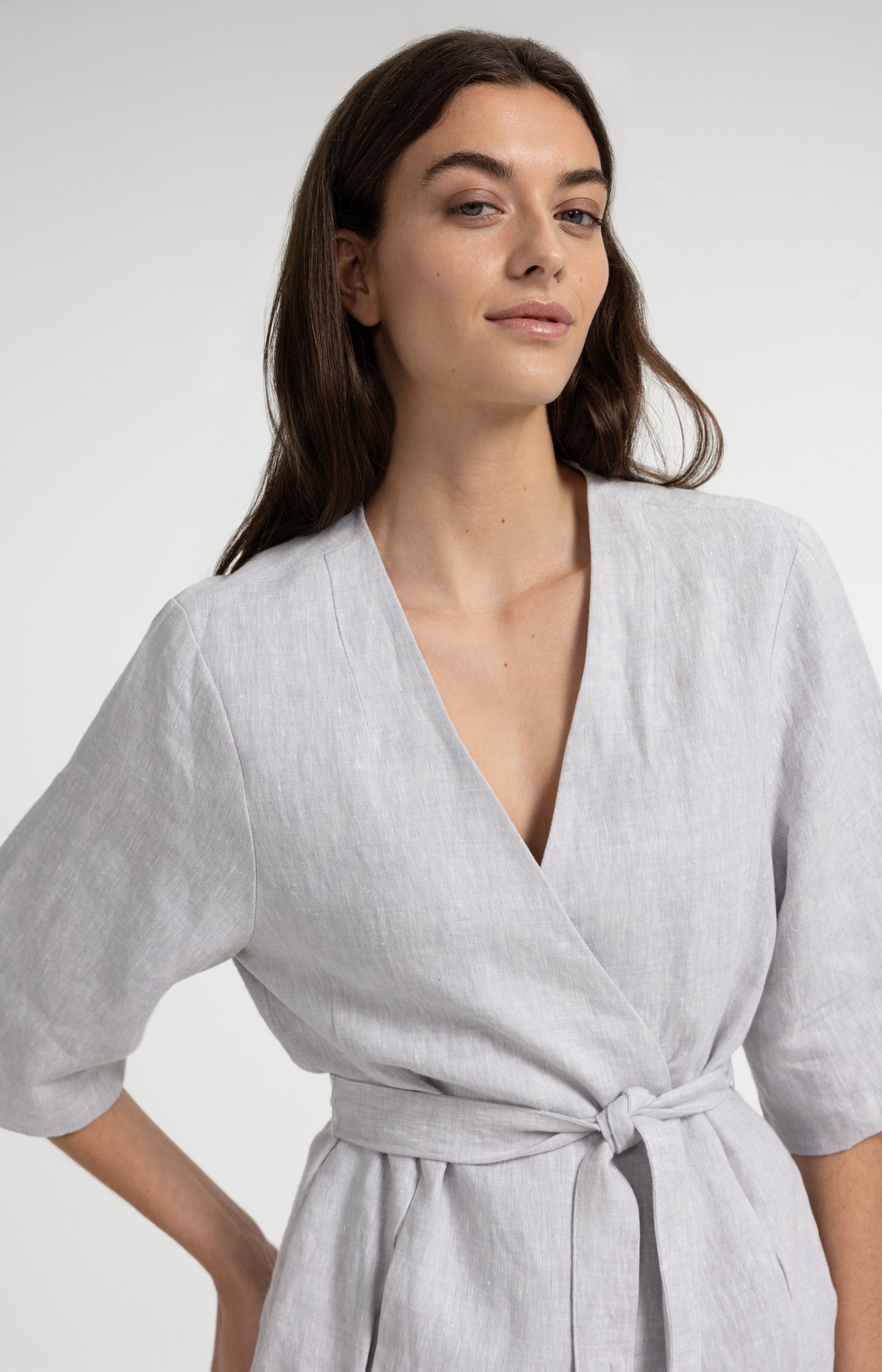 Linen wrap jacket with tie belt