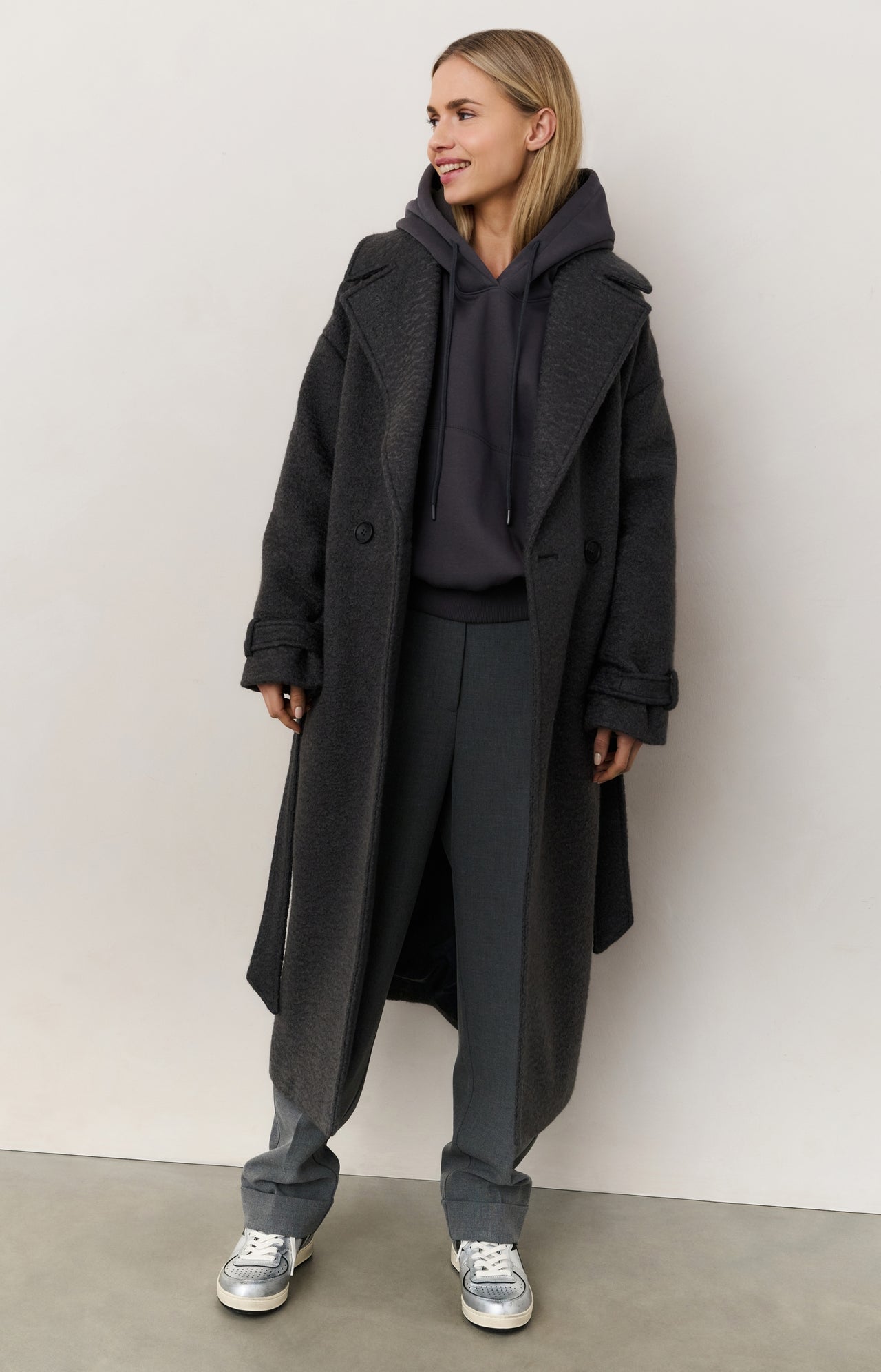 Long bouclé coat with belt and oversized fit - Type: lookbook