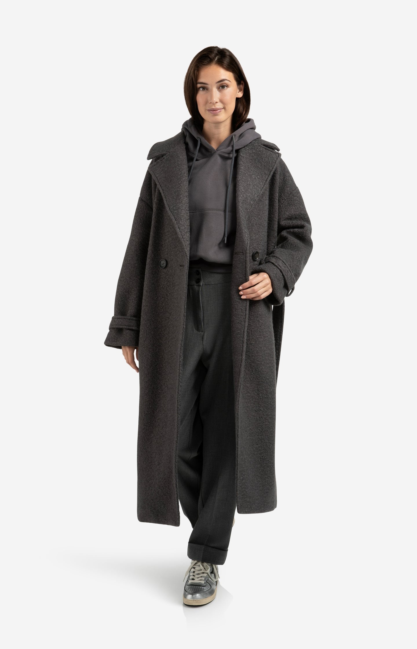Long bouclé coat with belt and oversized fit
