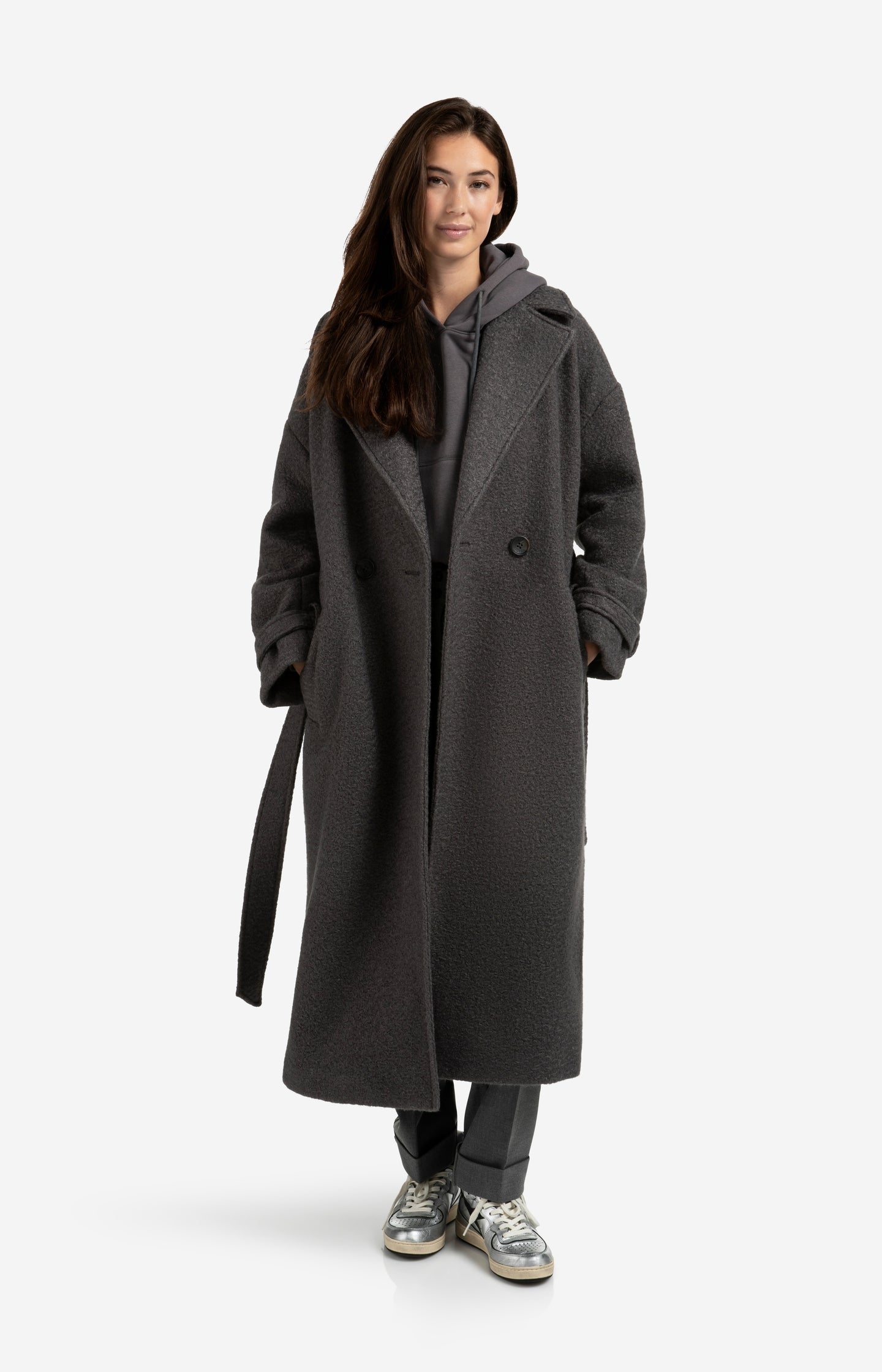 Long bouclé coat with belt and oversized fit