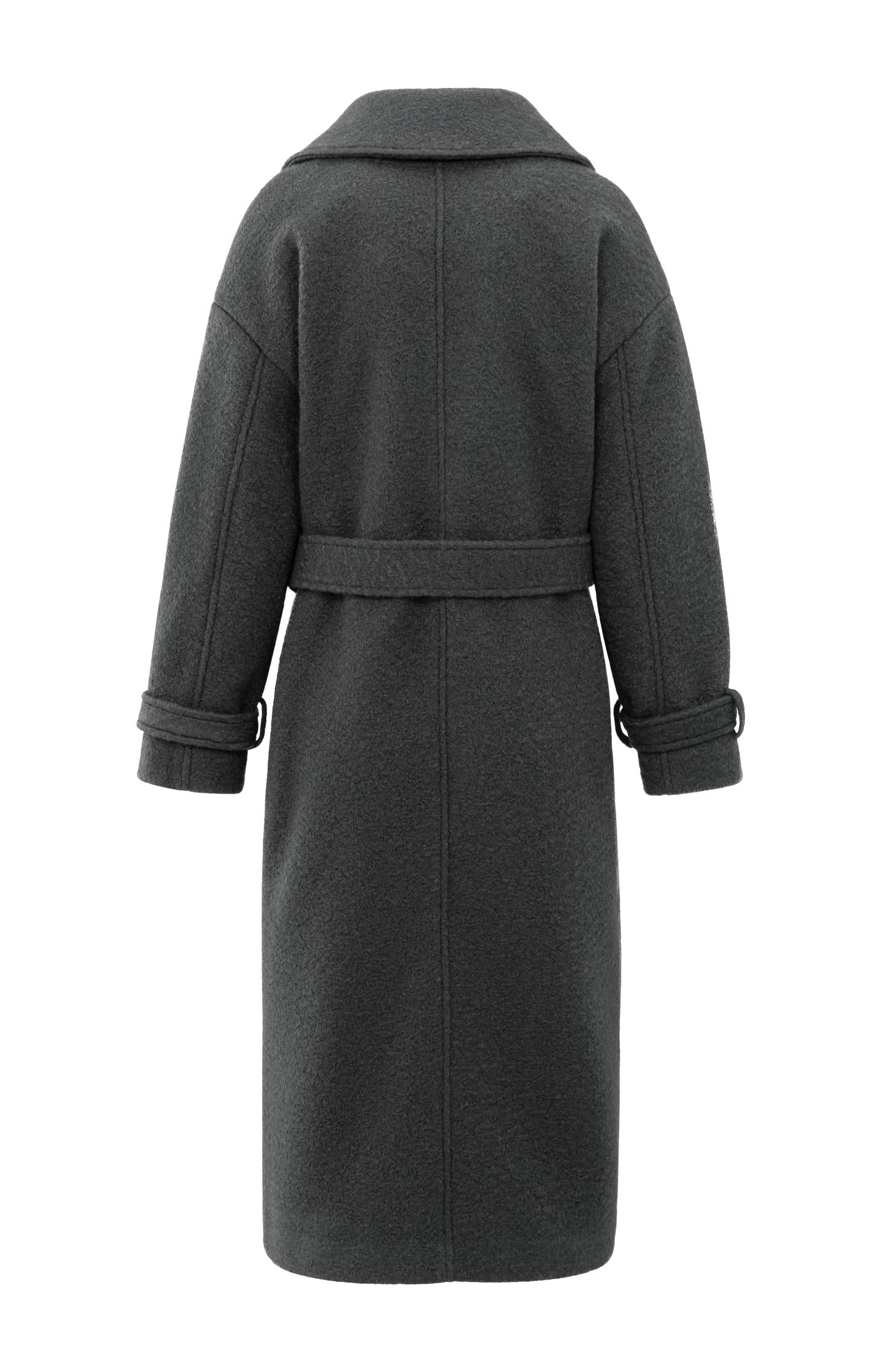 Long bouclé coat with belt and oversized fit