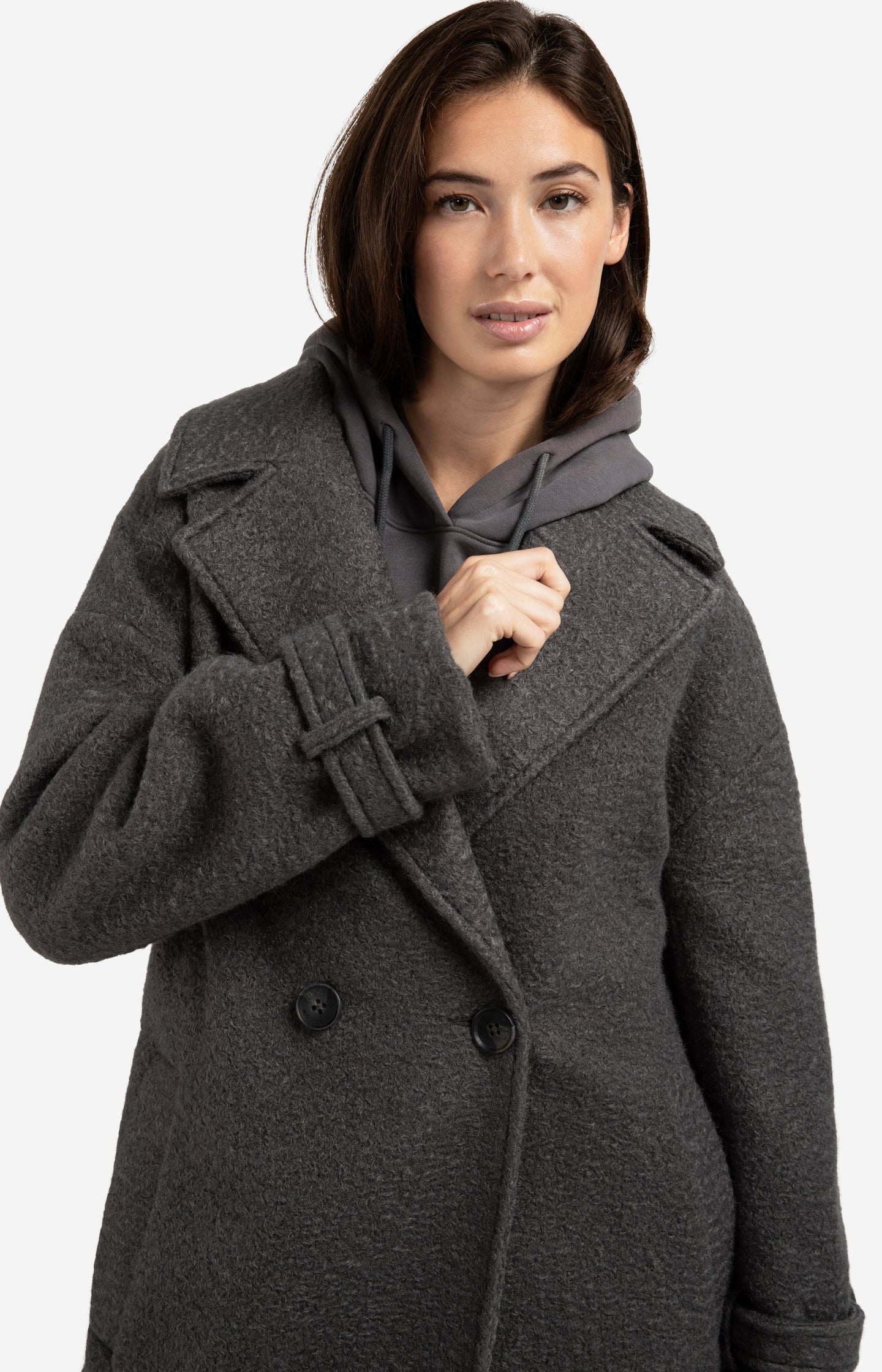 Long bouclé coat with belt and oversized fit
