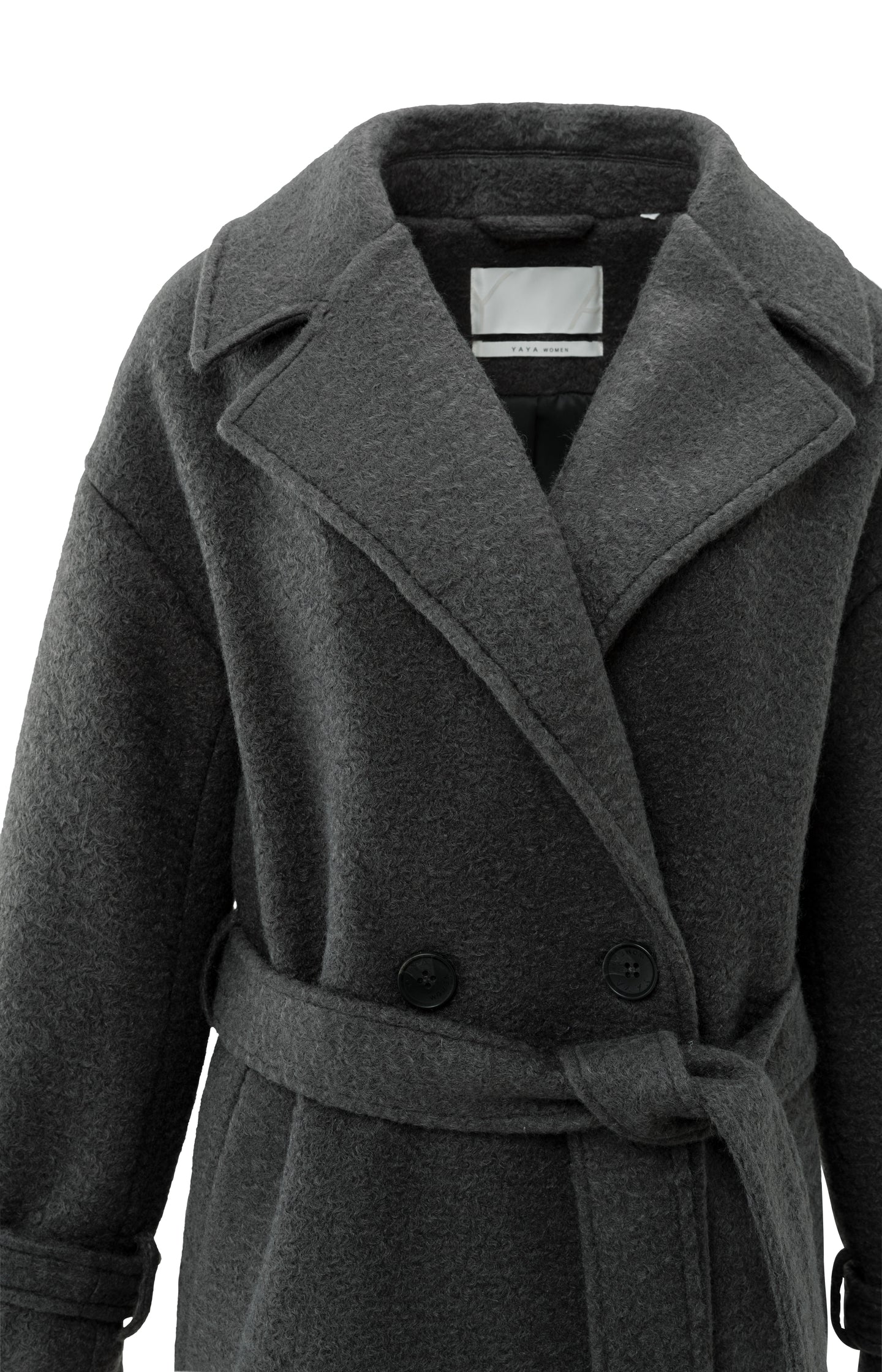 Long bouclé coat with belt and oversized fit