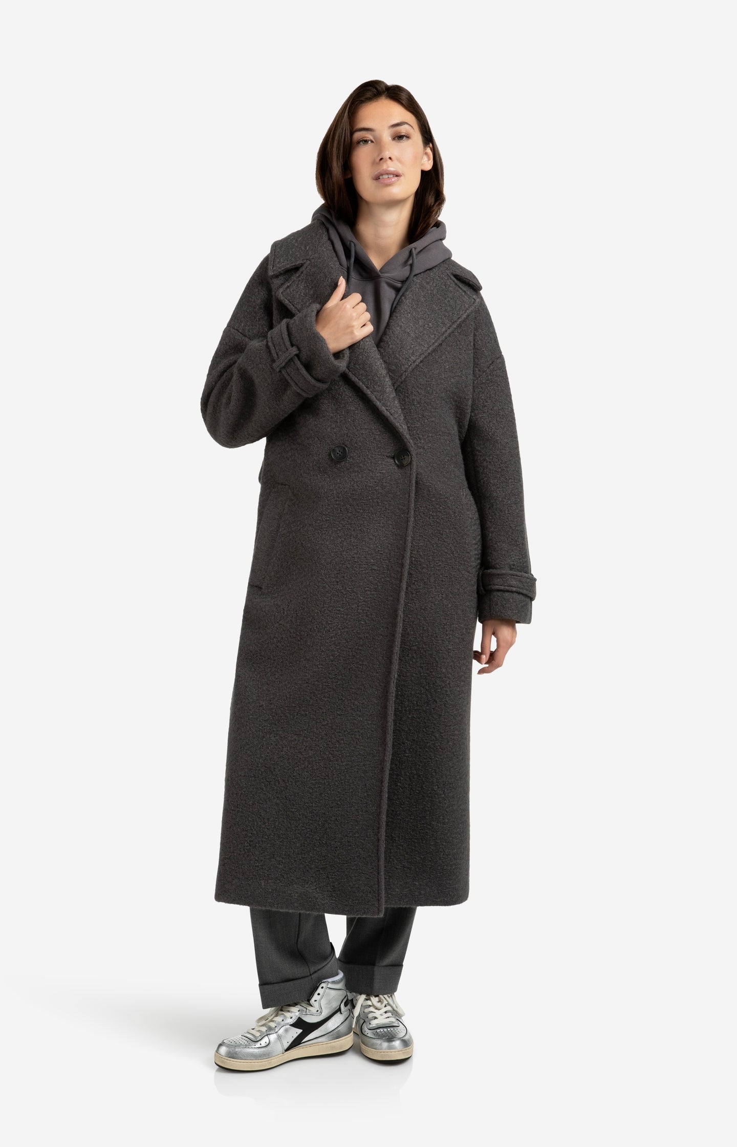 Long bouclé coat with belt and oversized fit