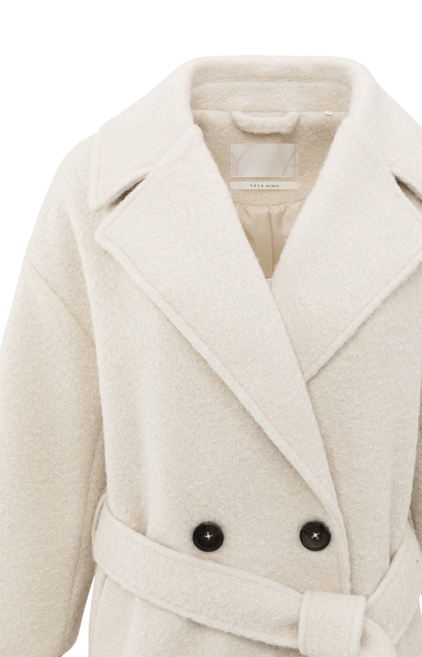 Long bouclé coat with belt and oversized fit