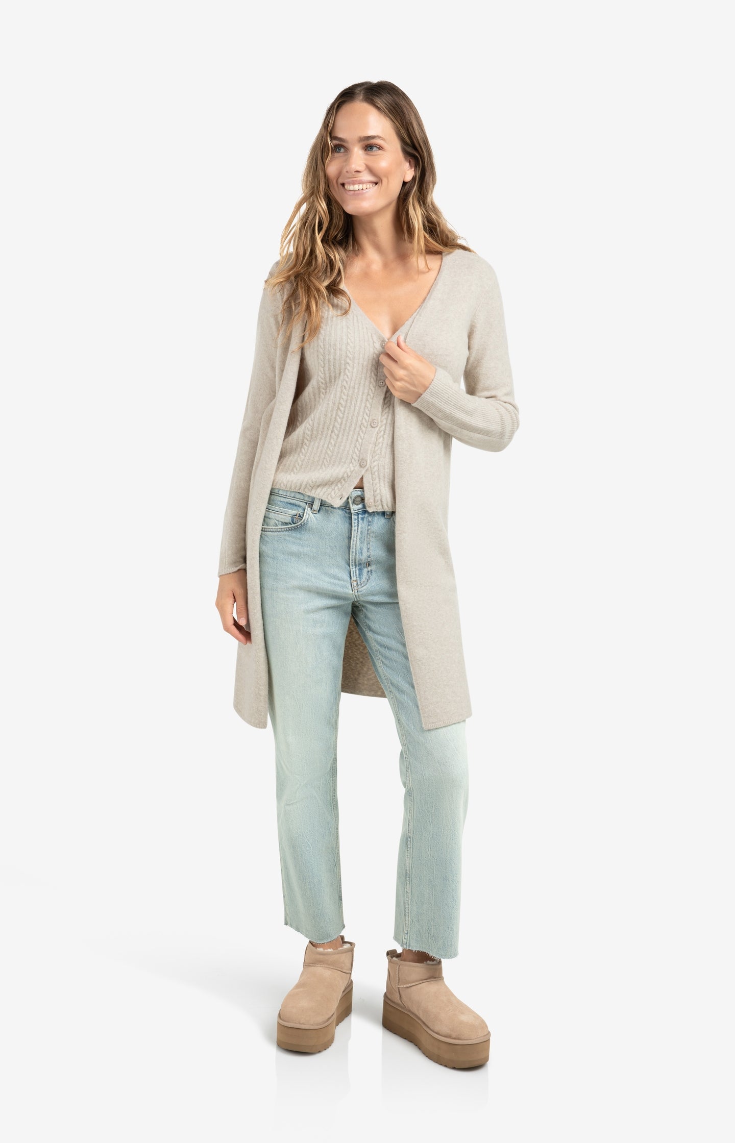 Long cardigan with cable-knit gilet layer