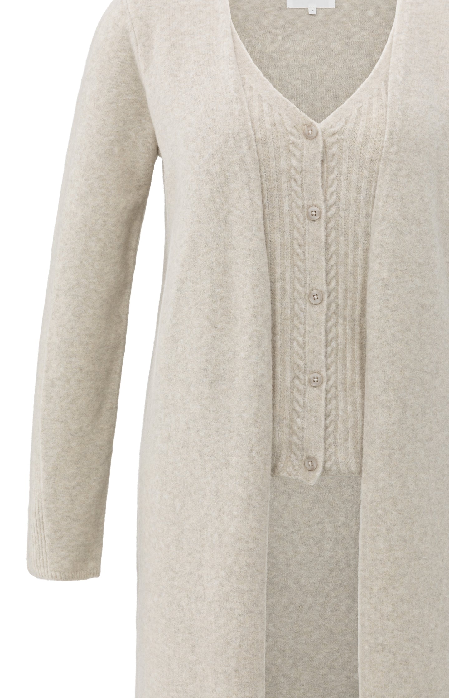 Long cardigan with cable-knit gilet layer