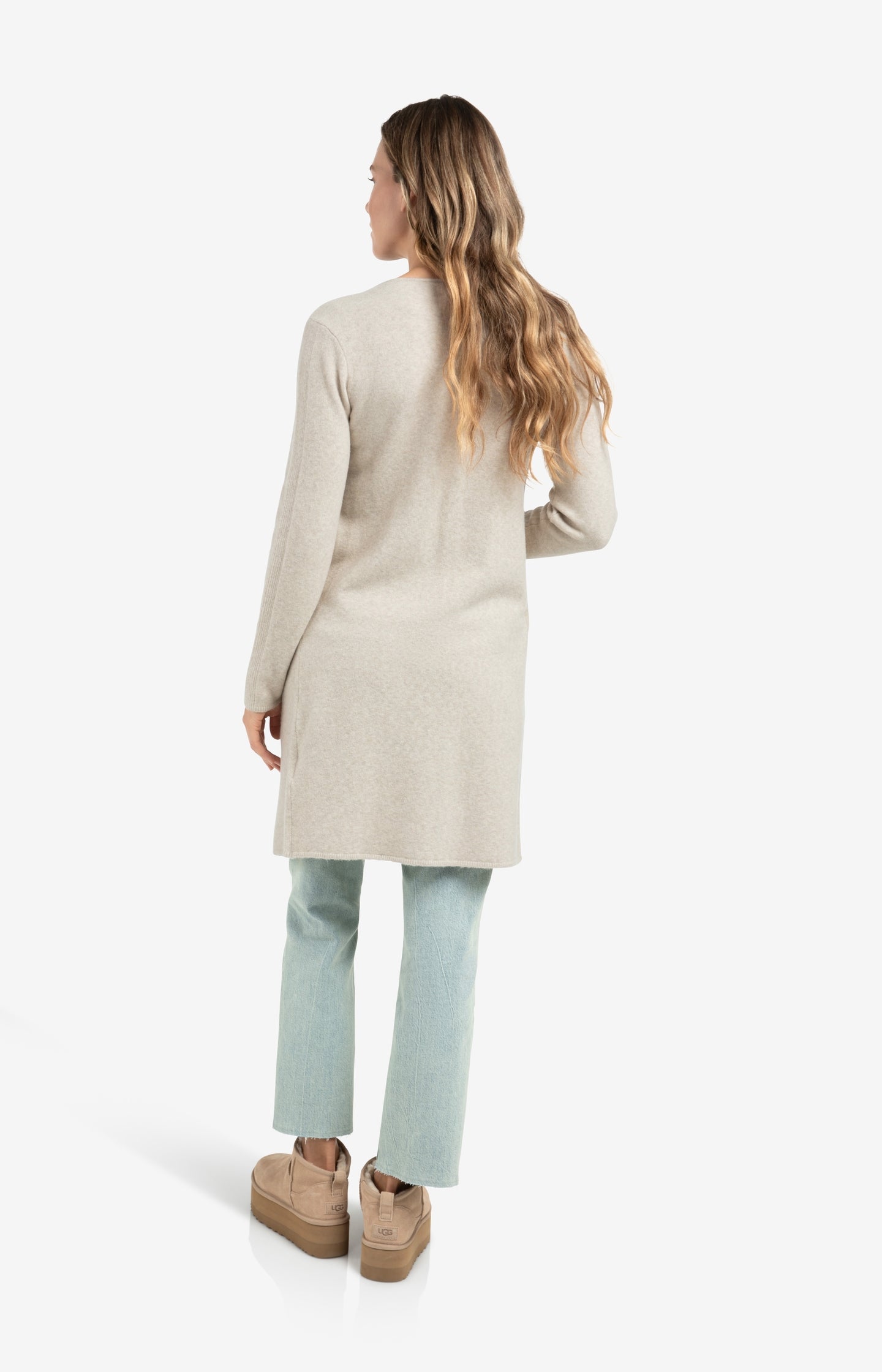 Long cardigan with cable-knit gilet layer