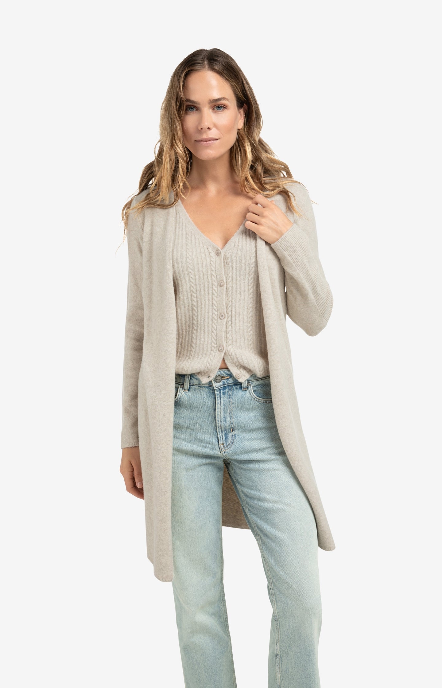 Long cardigan with cable-knit gilet layer