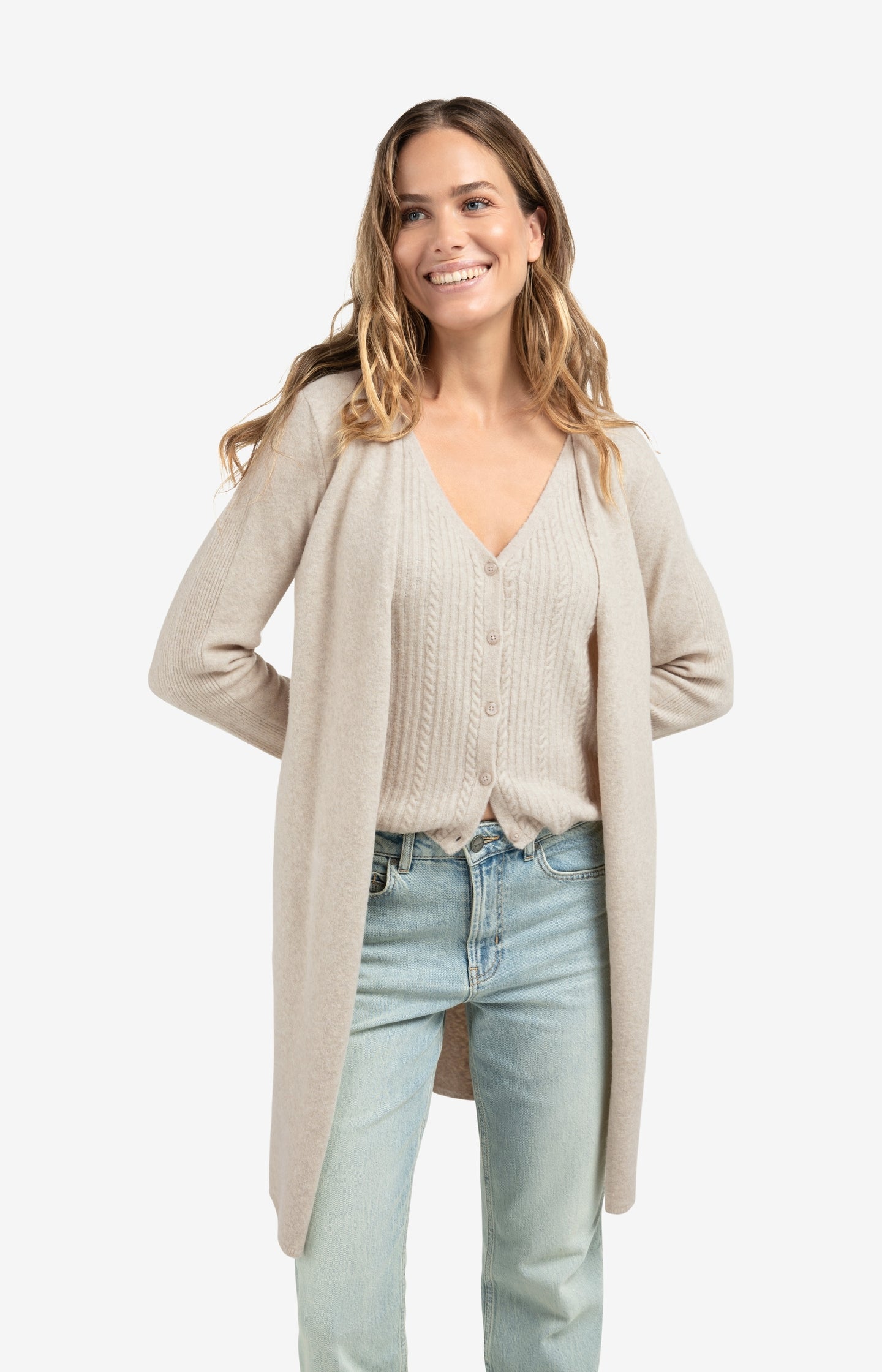 Long cardigan with cable-knit gilet layer