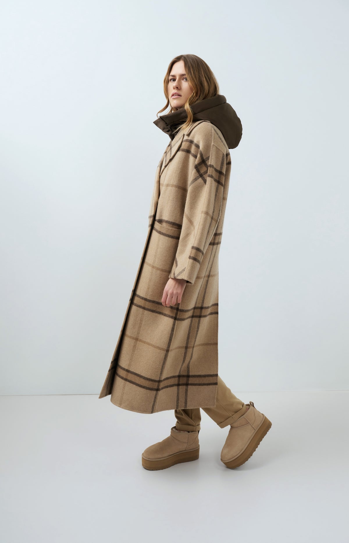 Long checked wool blend coat with oversized fit