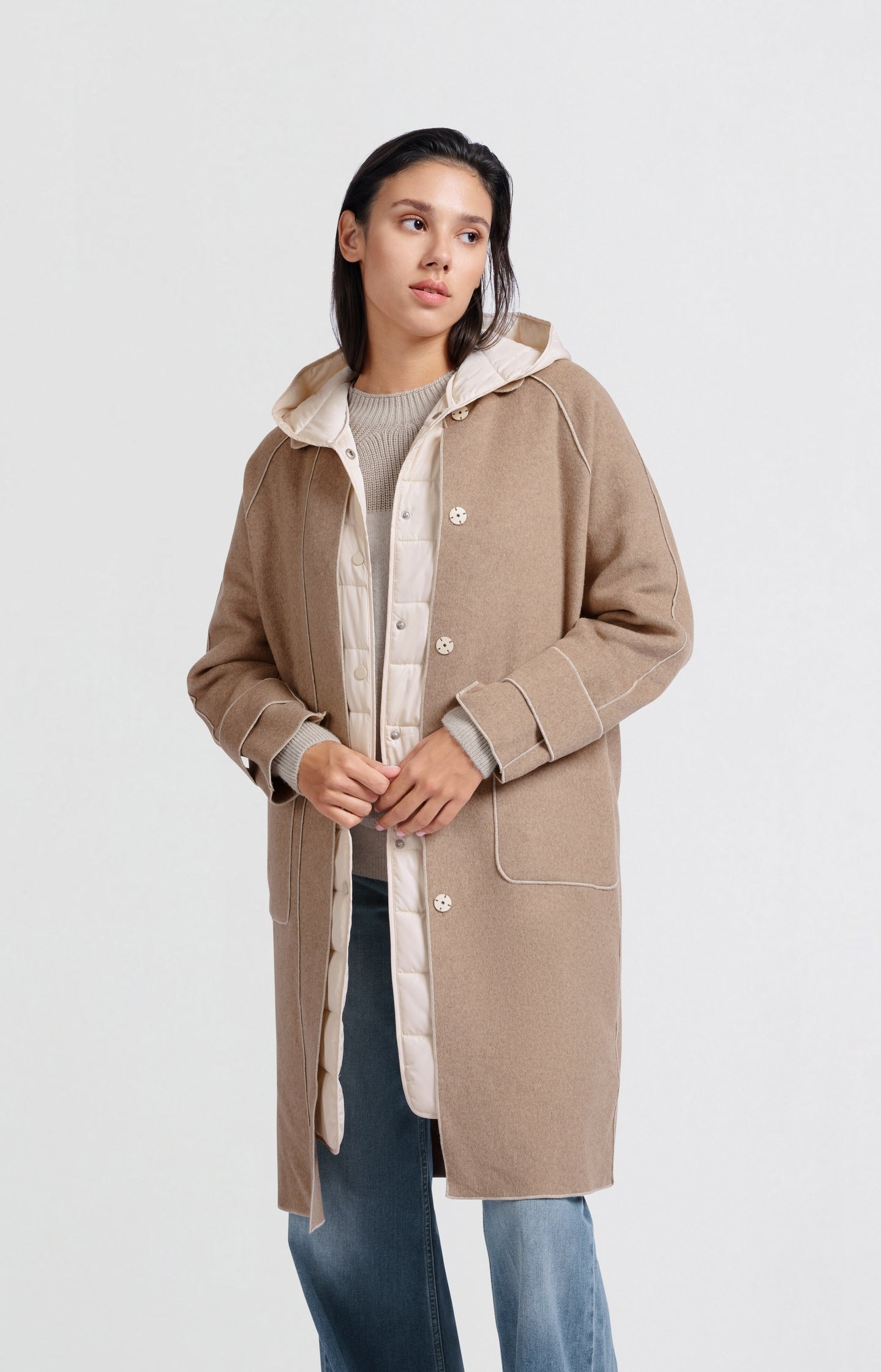 Long coat with quilted body warmer and pockets