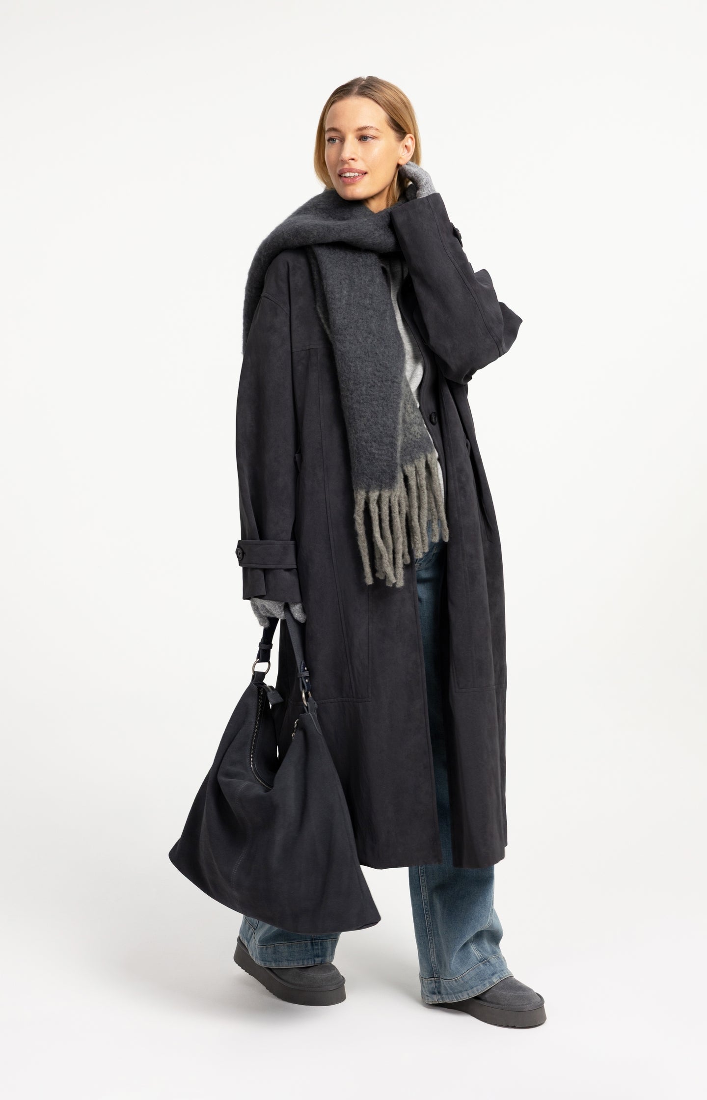 Long faux suede coat with detachable collar