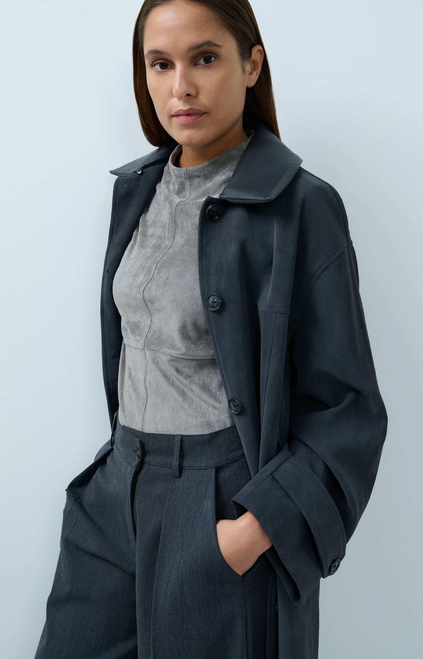 Long faux suede coat with detachable collar