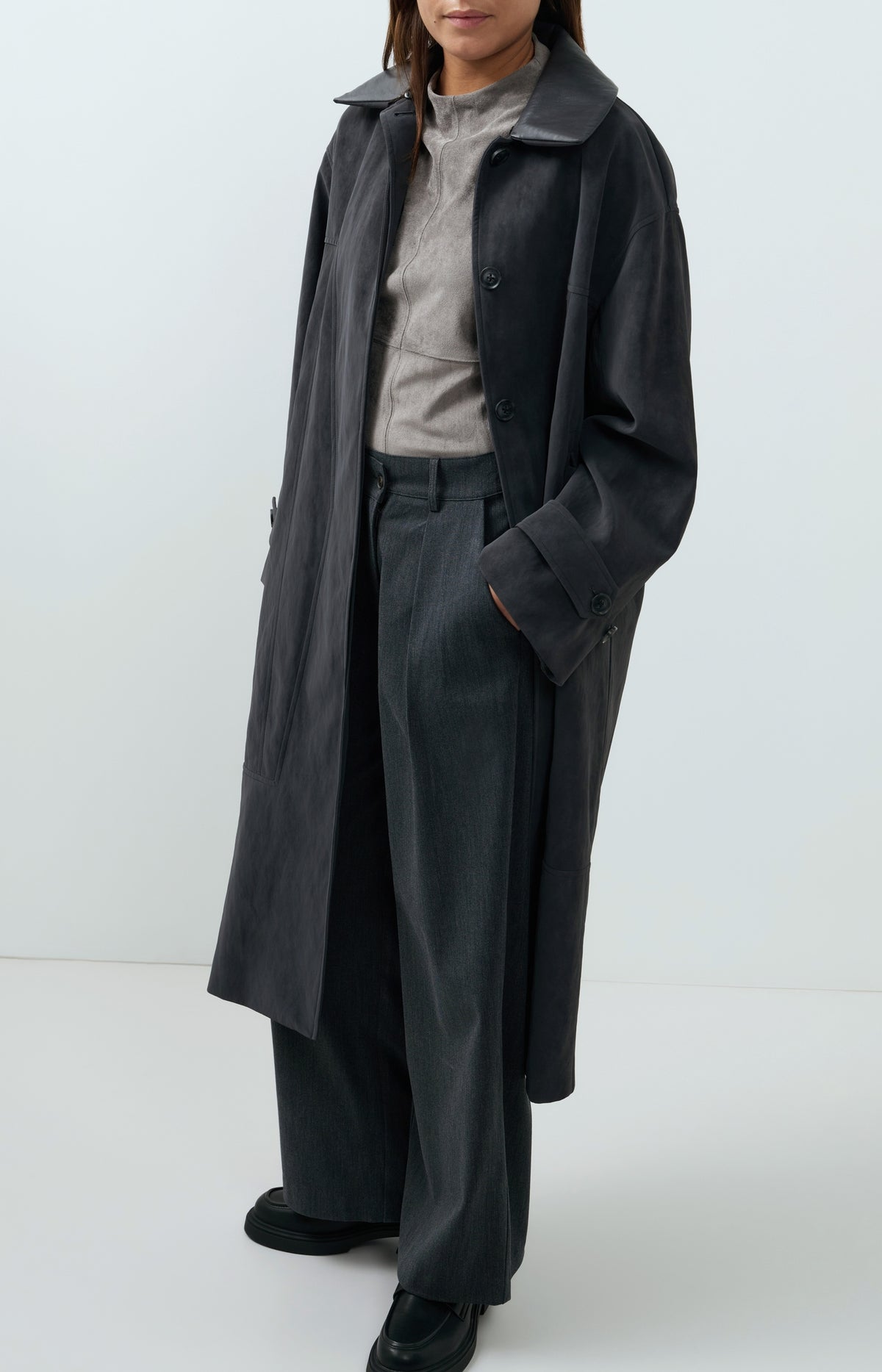 Long faux suede coat with detachable collar