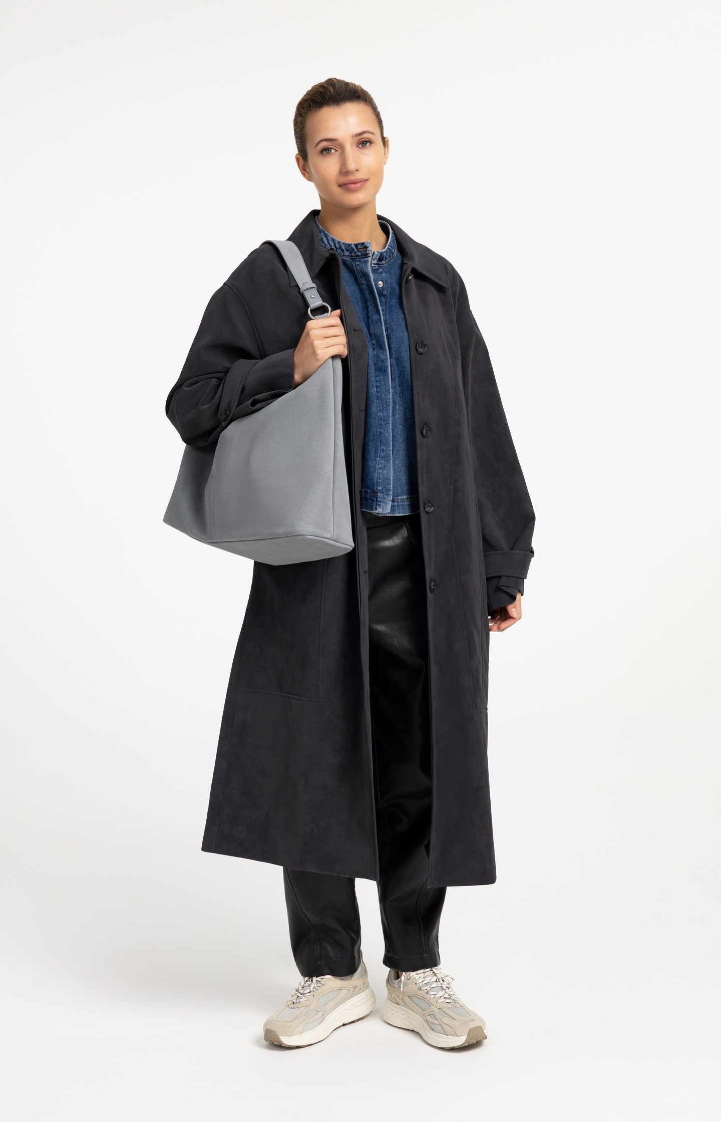 Long faux suede coat with detachable collar