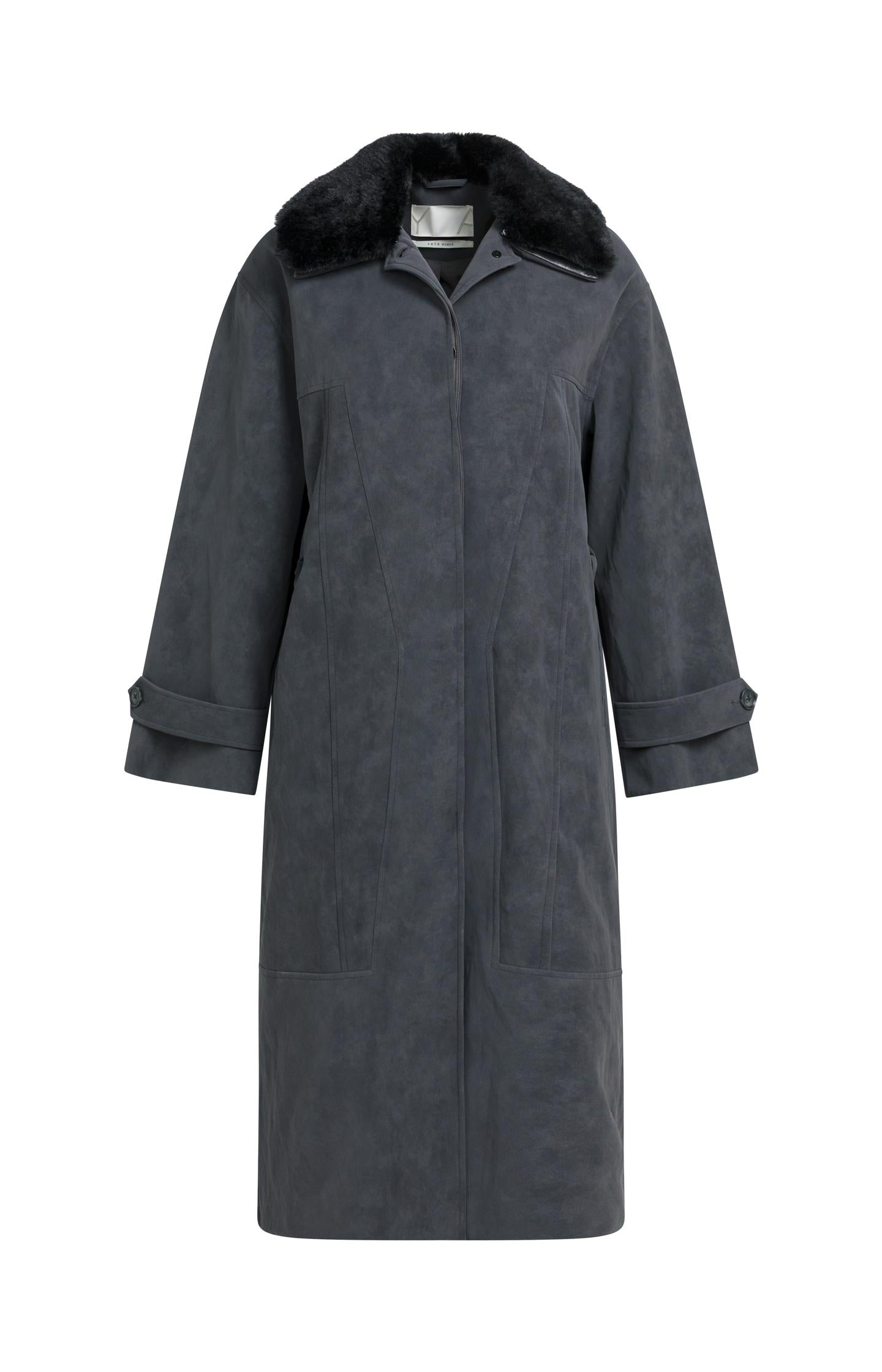 Long faux suede coat with detachable collar