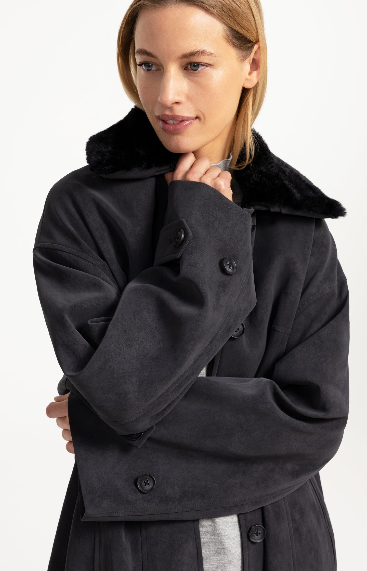 Long faux suede coat with detachable collar