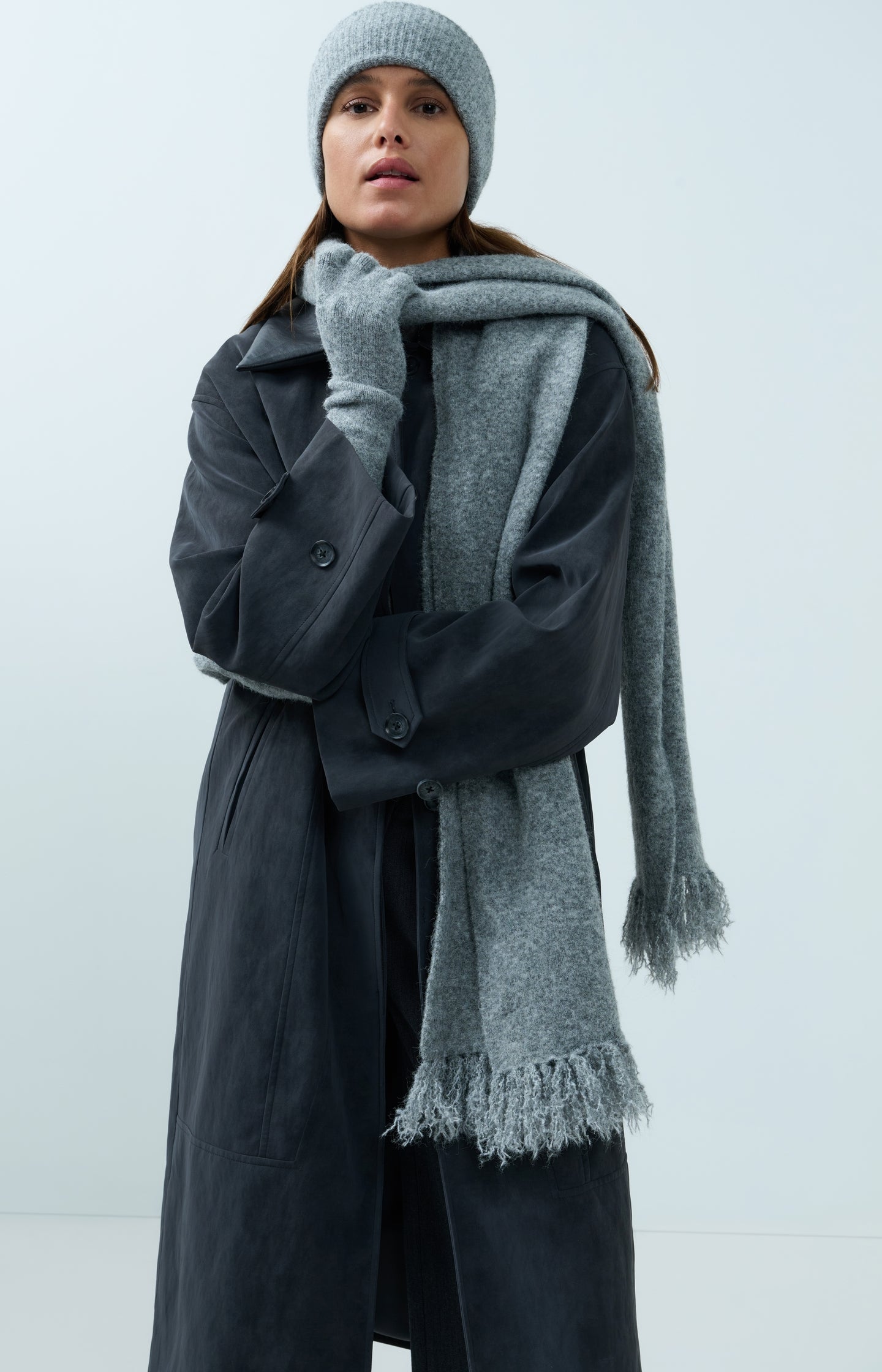 Long faux suede coat with detachable collar