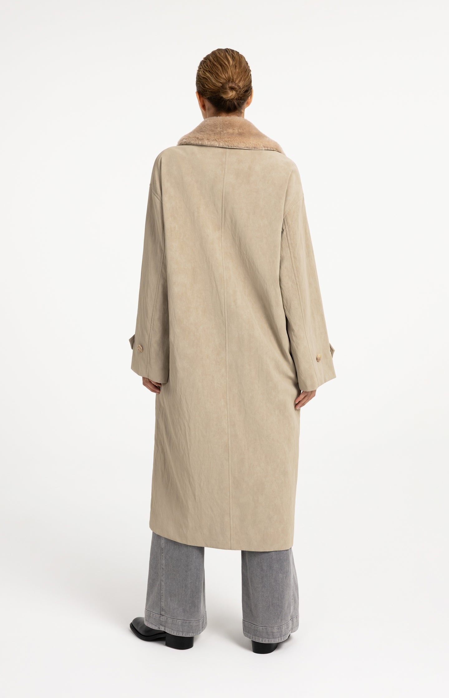 Long faux suede coat with detachable collar