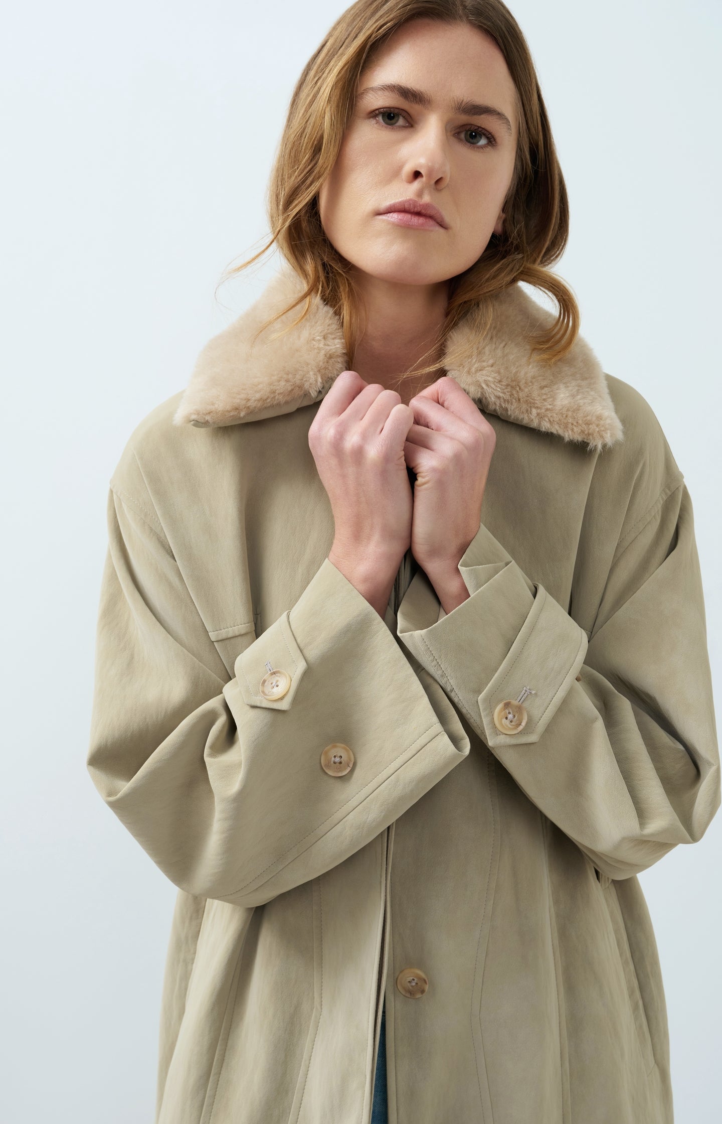 Long faux suede coat with detachable collar - Type: lookbook