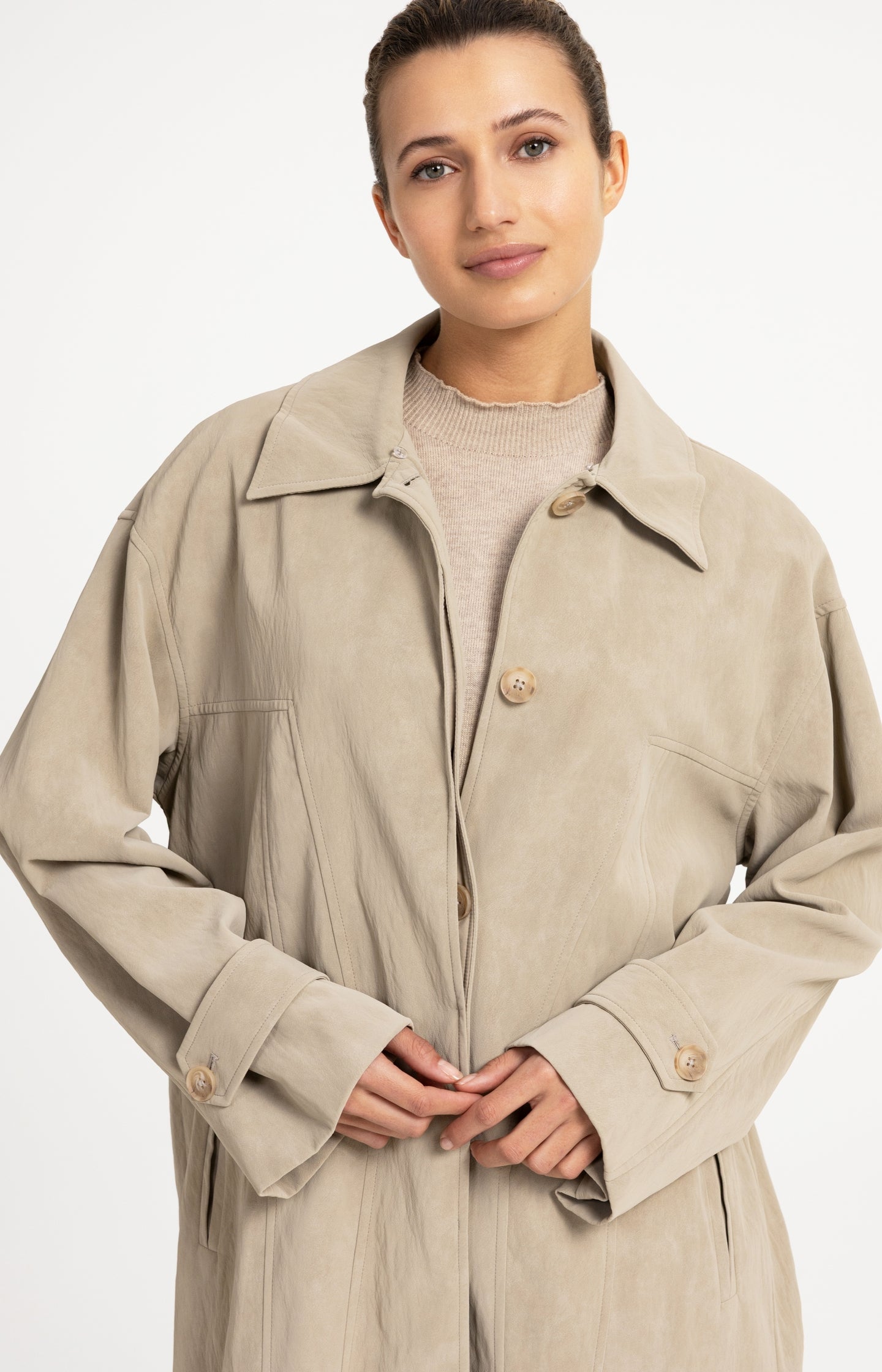Long faux suede coat with detachable collar