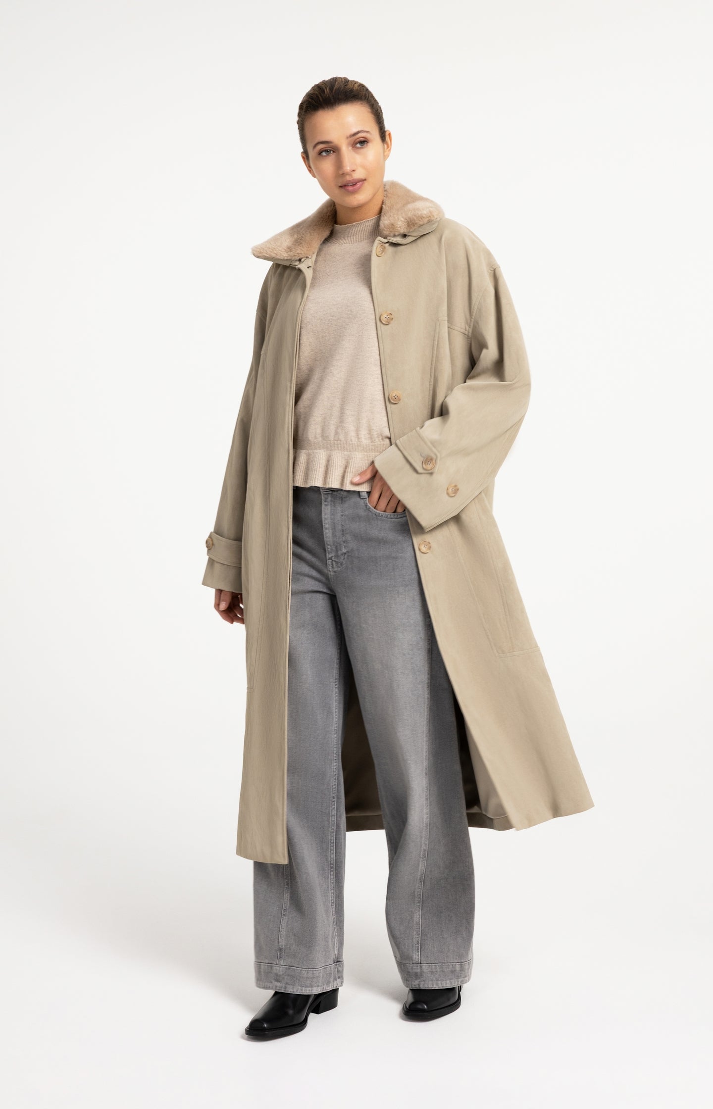 Long faux suede coat with detachable collar