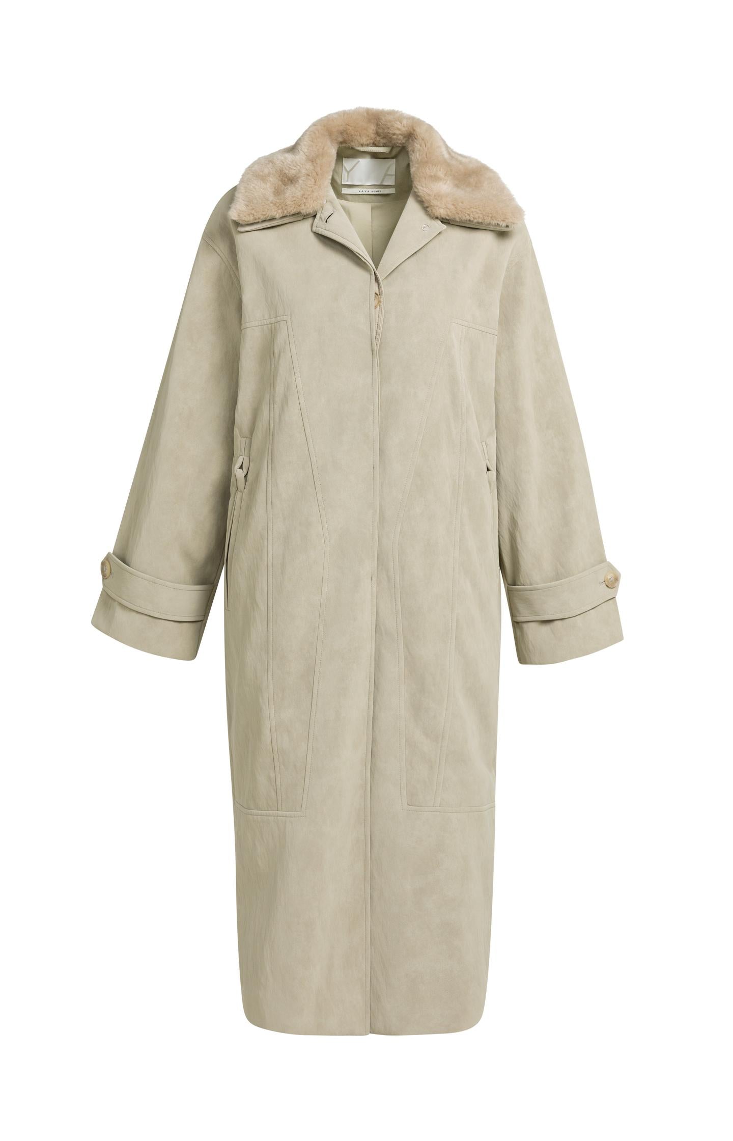 Long faux suede coat with detachable collar - Type: lookbook