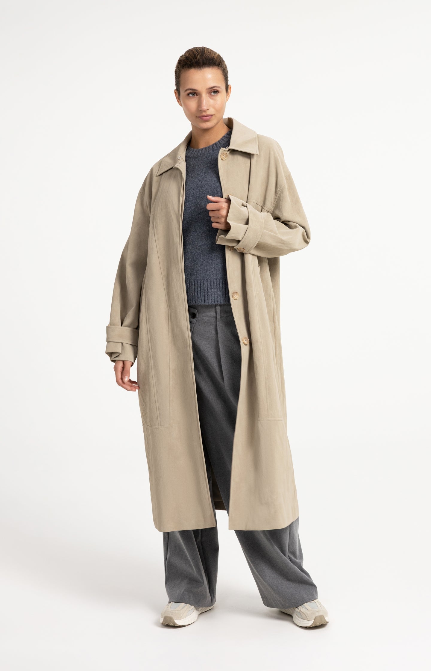 Long faux suede coat with detachable collar