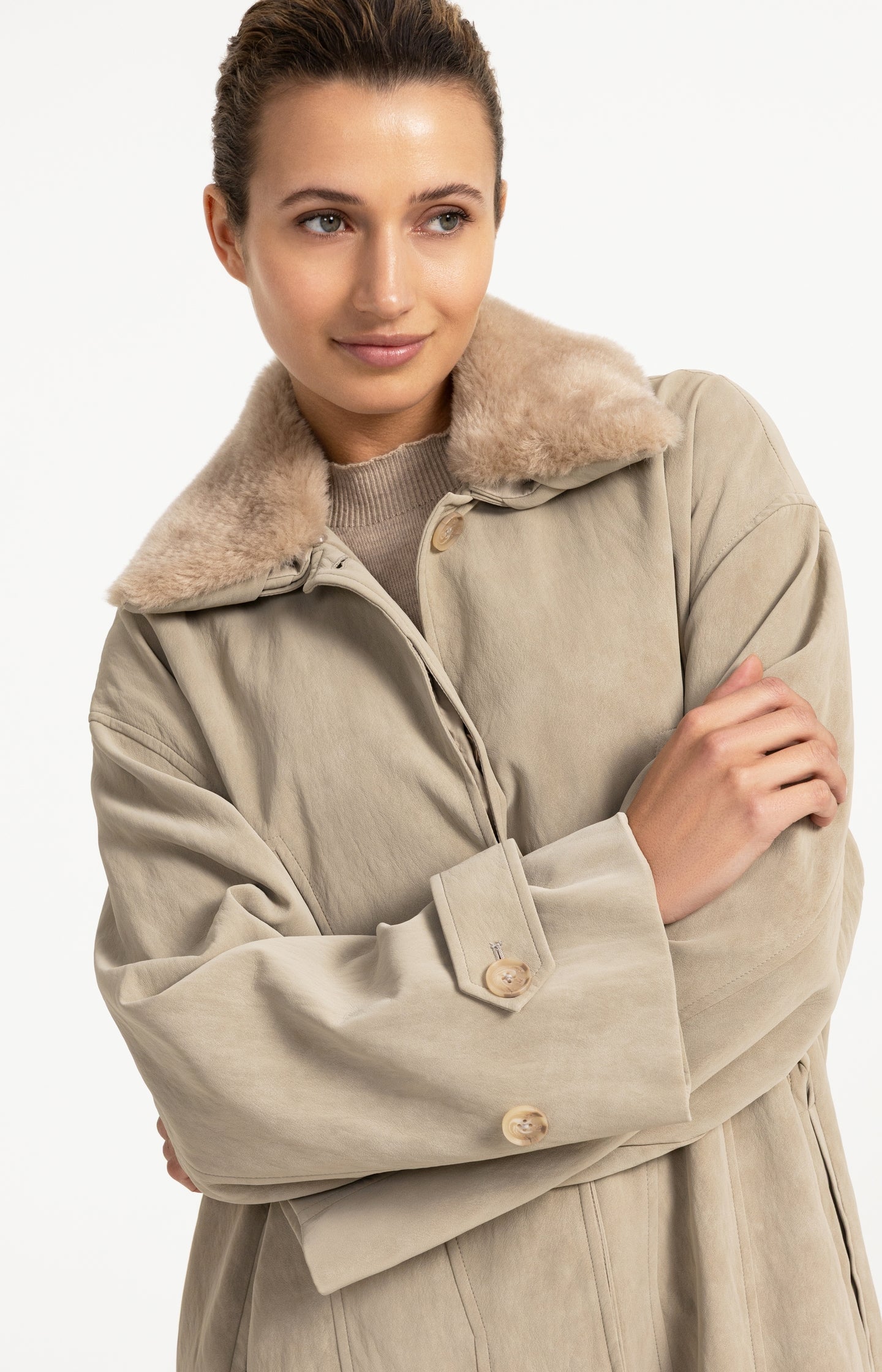 Long faux suede coat with detachable collar