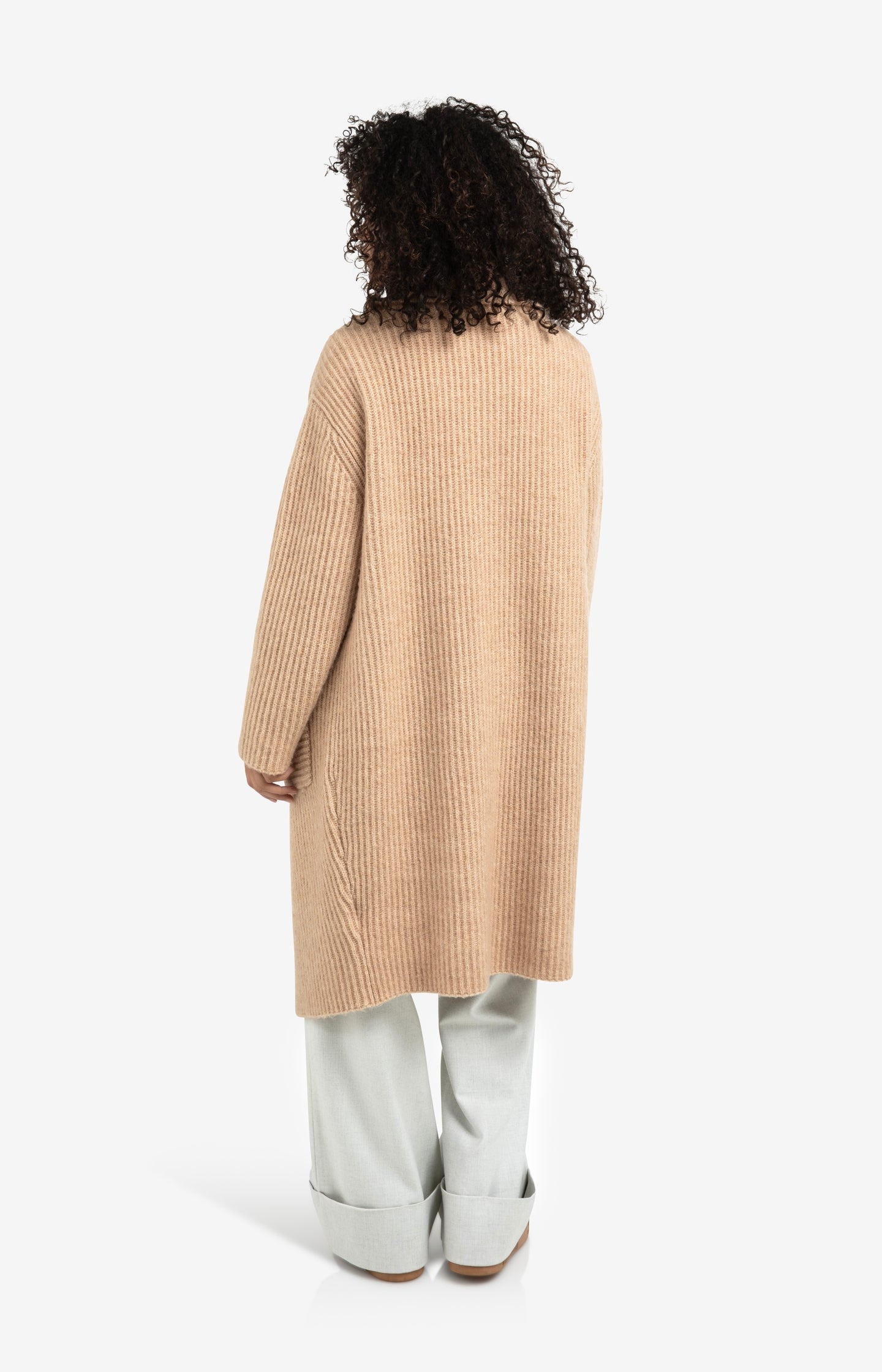Long heavy knit cardigan with collar and patch pockets