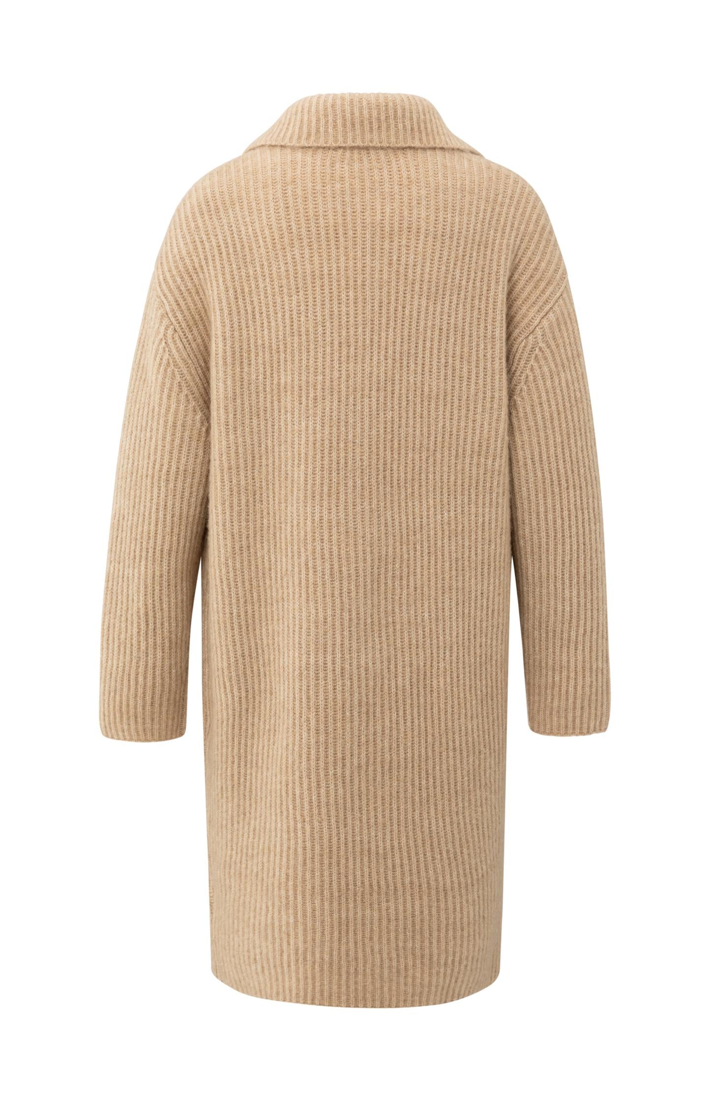 Long heavy knit cardigan with collar and patch pockets