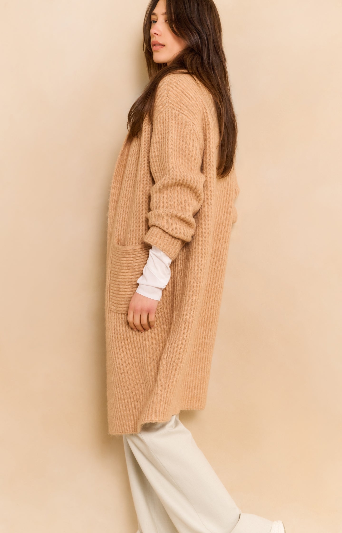 Long heavy knit cardigan with collar and patch pockets