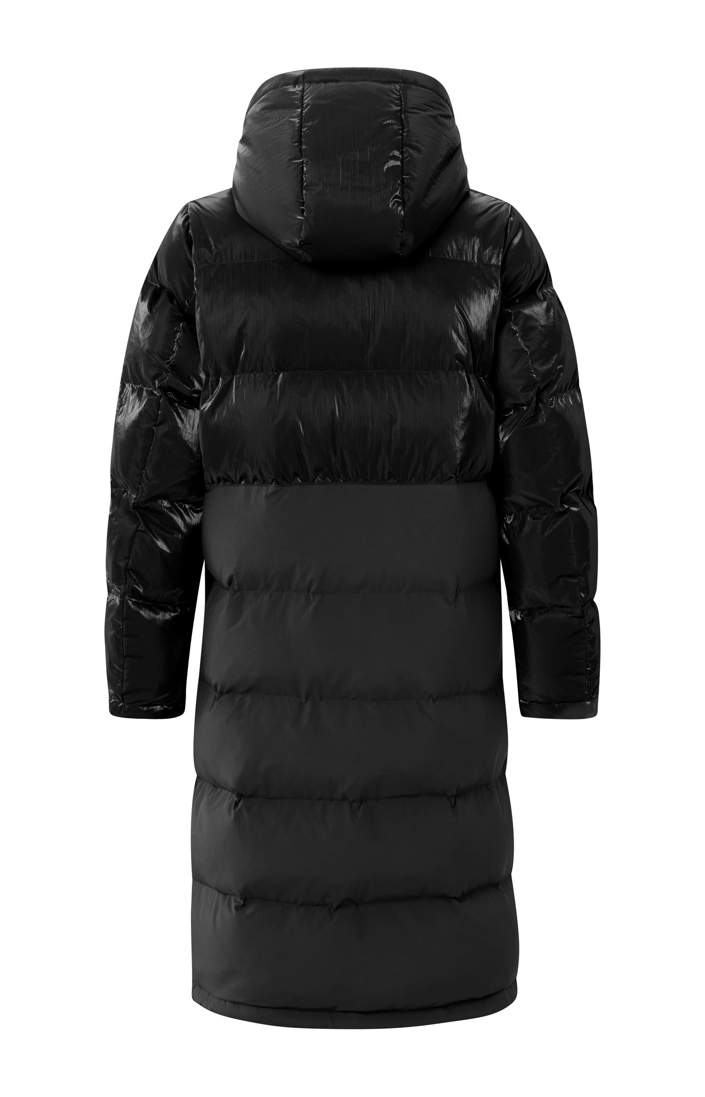 Long puffer jacket with long sleeves, hoodie and pockets