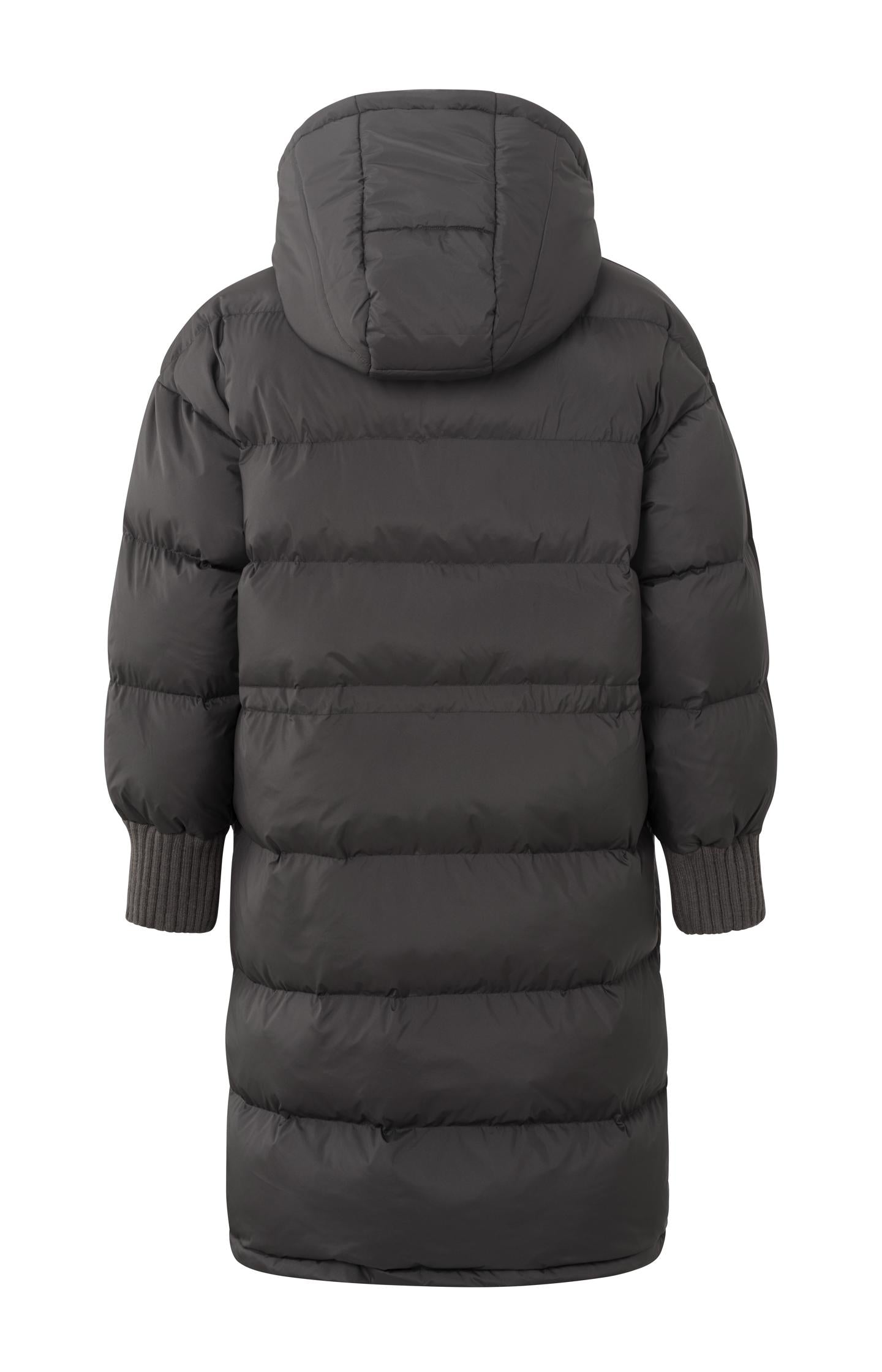 Long puffer jacket with long sleeves, hoodie and pockets