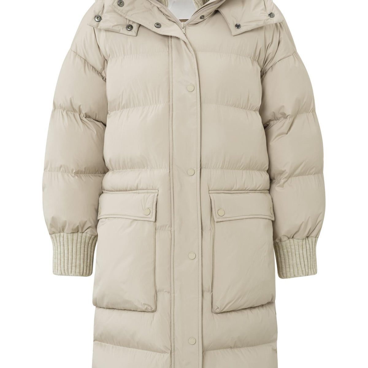 Lange pufferjas met lange mouwen, zakken en een capuchon