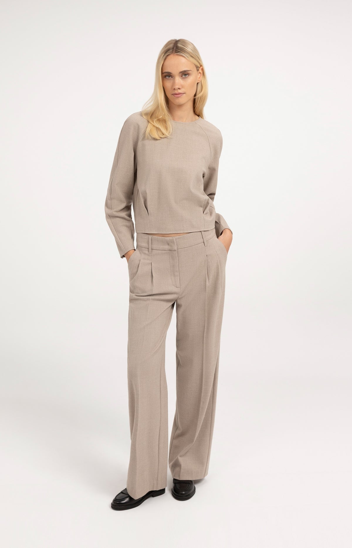 Long sleeve top with blouson hem - Beige Melange