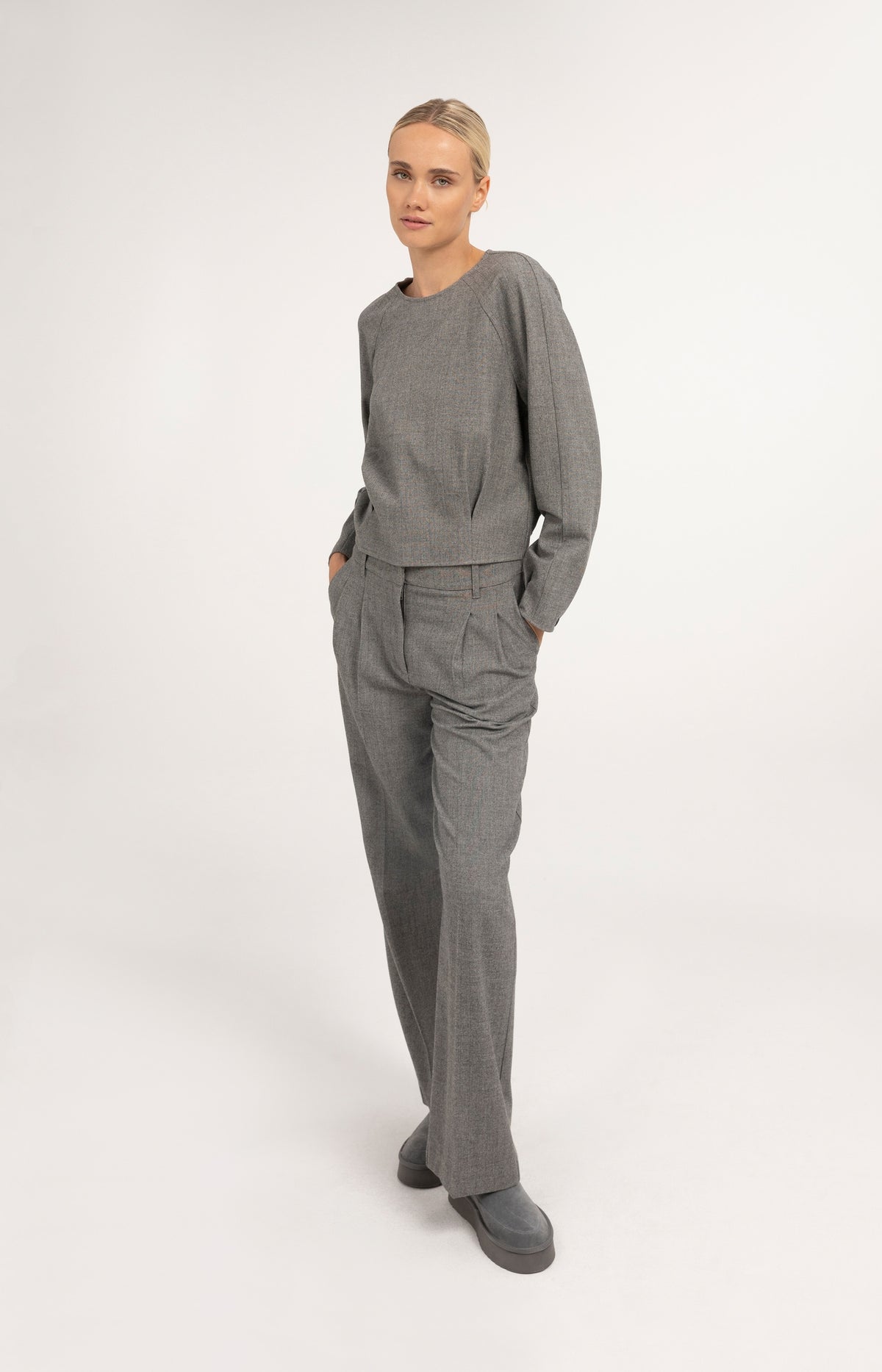 Long sleeve top with blouson hem - Medium Grey Melange