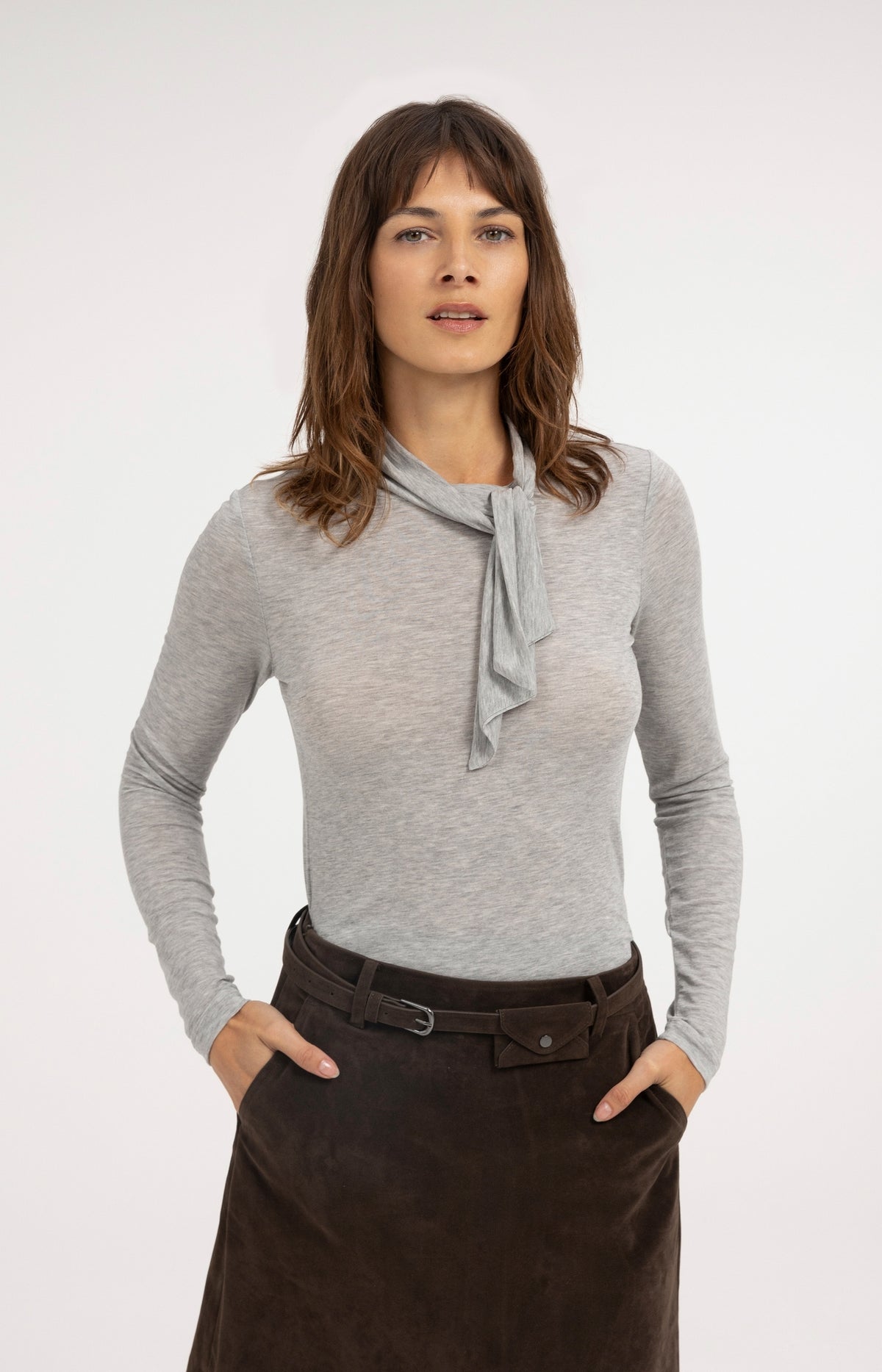 Long sleeve top with scarf collar - Illusions Gray Melange