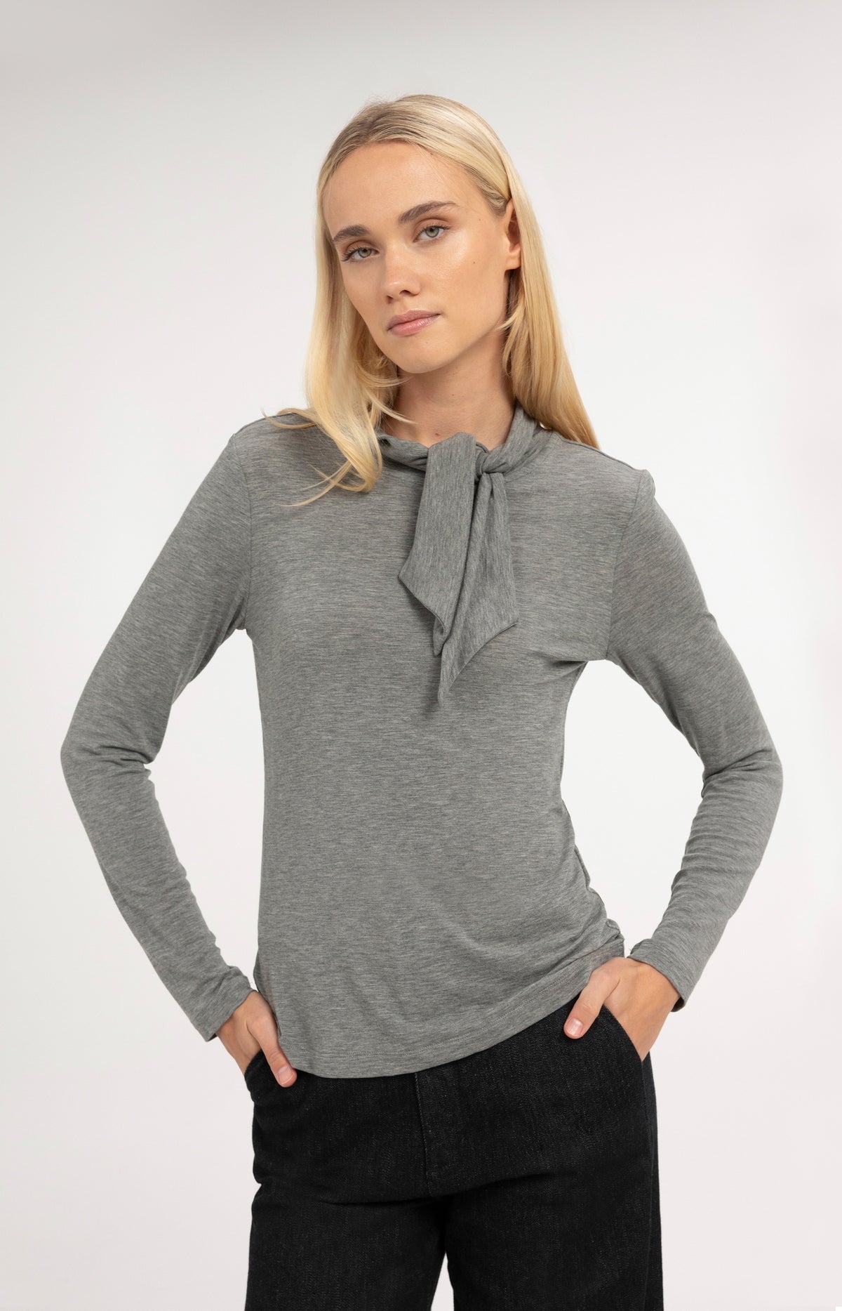 Long sleeve top with scarf collar - Soap Grey Melange